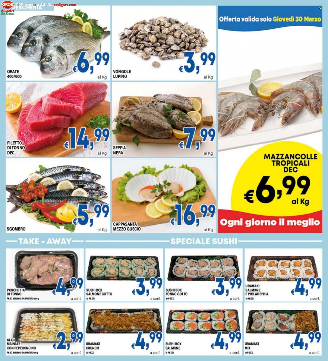thumbnail - Volantino Dem - 21/3/2023 - 30/3/2023 - Prodotti in offerta - salmone, vongole, sgombro, mazzancolle, tonno, capasanta, sushi, porchetta, acciughe. Pagina 10.