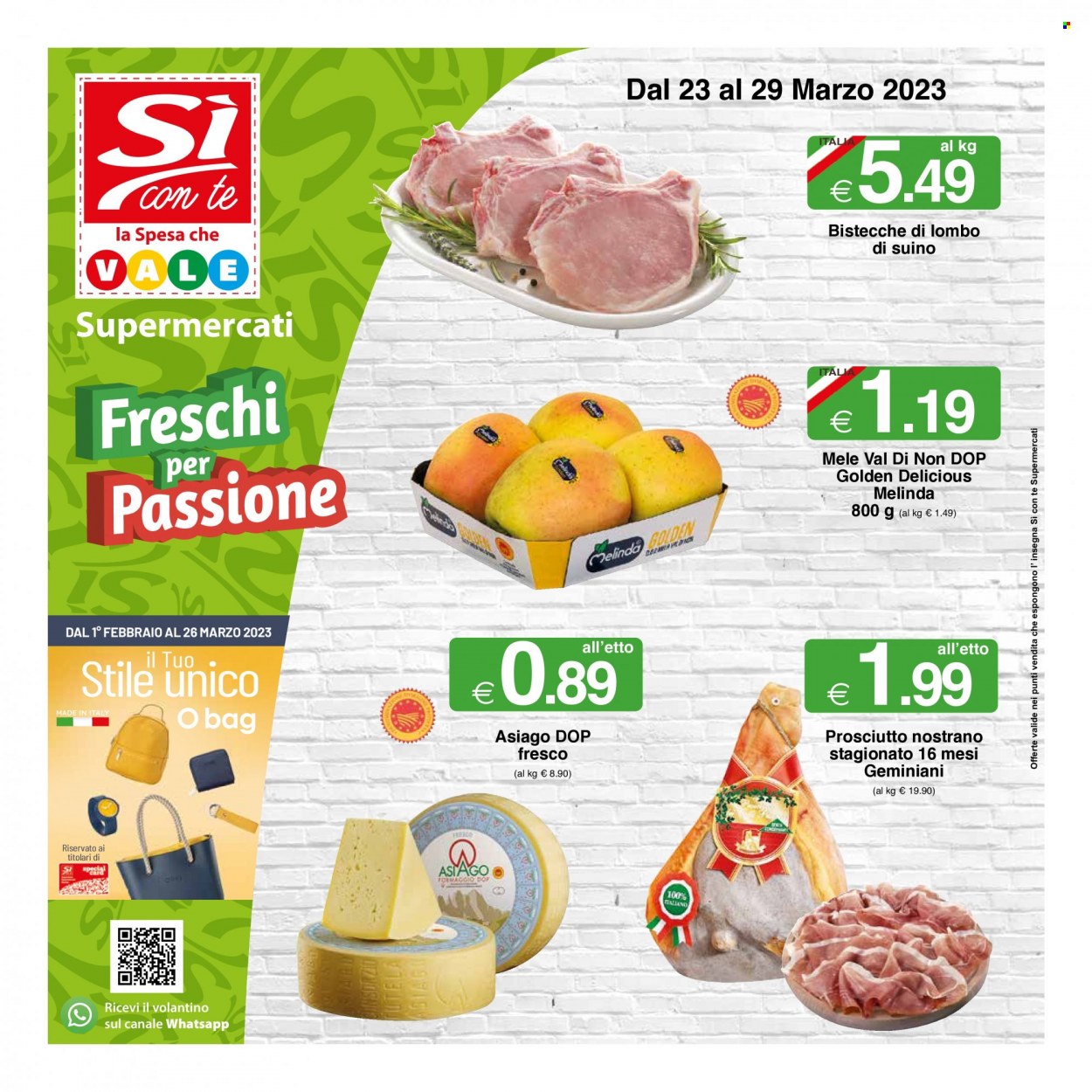 thumbnail - Volantino Si con te Supermercati - 23/3/2023 - 29/3/2023 - Prodotti in offerta - mele, Golden Delicious, bistecca, suino, lombo di suino, prosciutto, formaggio, Asiago. Pagina 1.