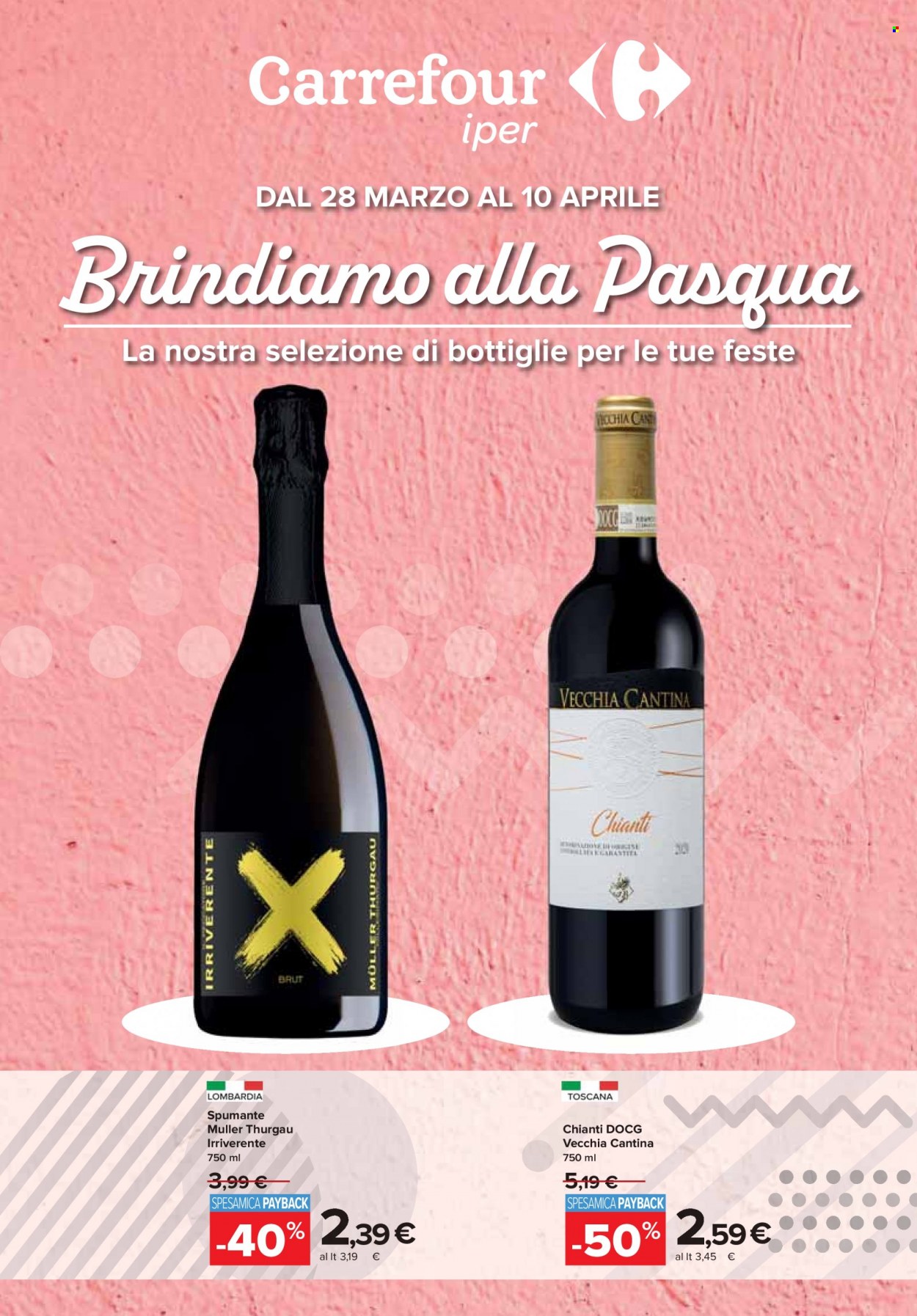 thumbnail - Volantino Carrefour - 28/3/2023 - 10/4/2023 - Prodotti in offerta - vino rosso, Spumante, Chianti, Müller-Thurgau, vino. Pagina 1.