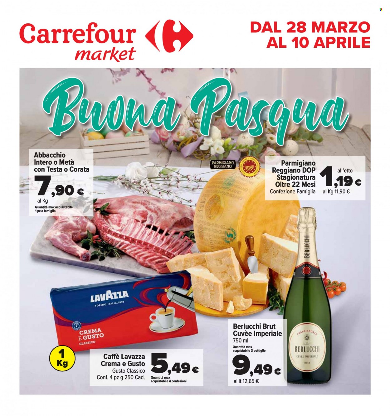 thumbnail - Volantino Carrefour - 28/3/2023 - 10/4/2023 - Prodotti in offerta - formaggio, parmigiano, caffè, Lavazza, Lavazza Crema e Gusto. Pagina 1.