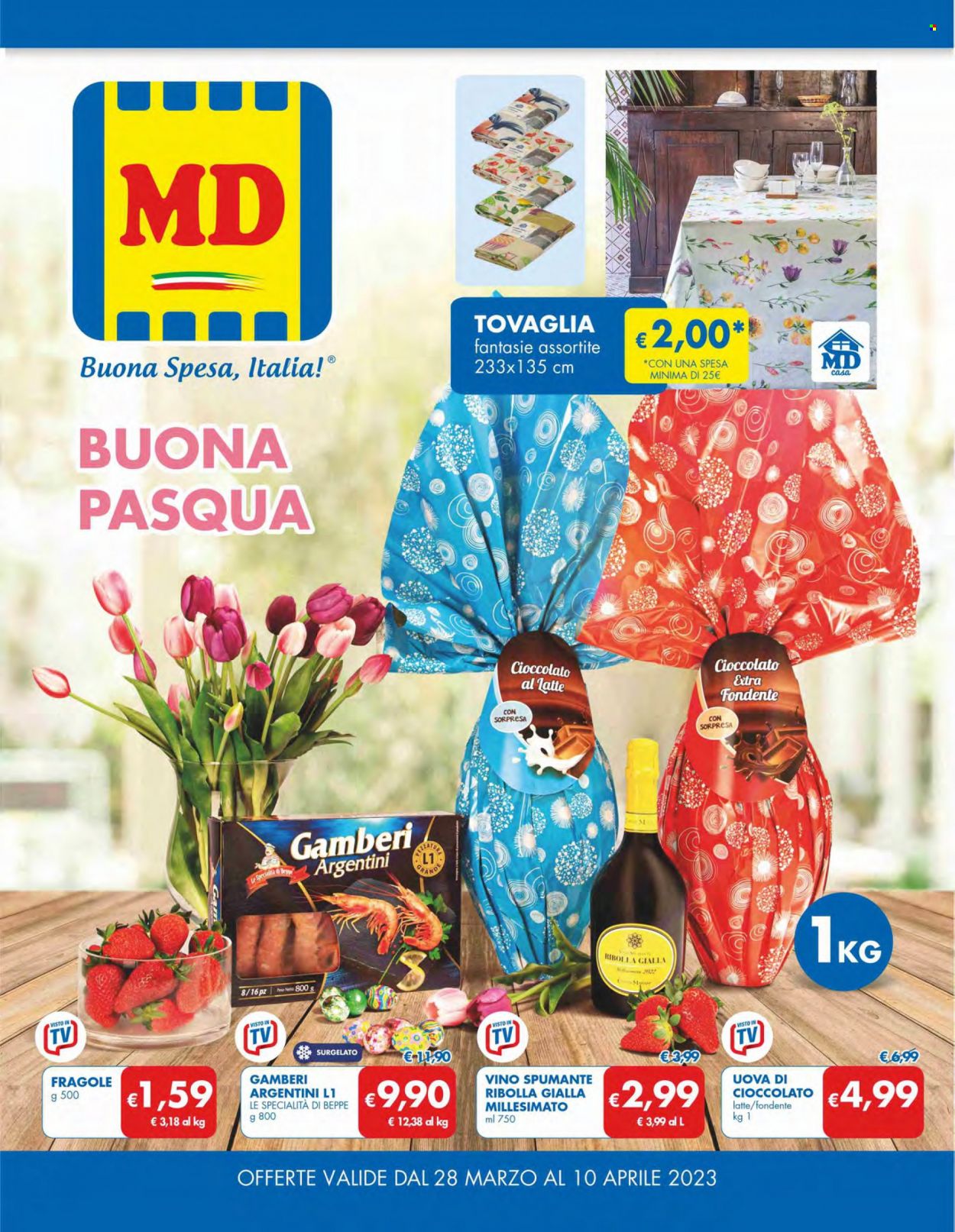 thumbnail - Volantino MD Discount - 28/3/2023 - 10/4/2023 - Prodotti in offerta - gamberi, cioccolato al latte, vino bianco, Spumante, vino, Ribolla Gialla, tovaglia. Pagina 1.