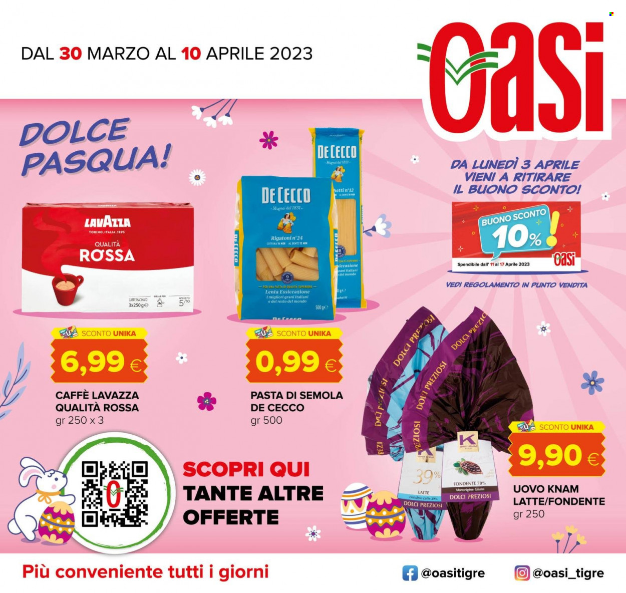 thumbnail - Volantino Oasi - 30/3/2023 - 10/4/2023 - Prodotti in offerta - De Cecco, pasta, caffè, Lavazza, caffè macinato. Pagina 1.