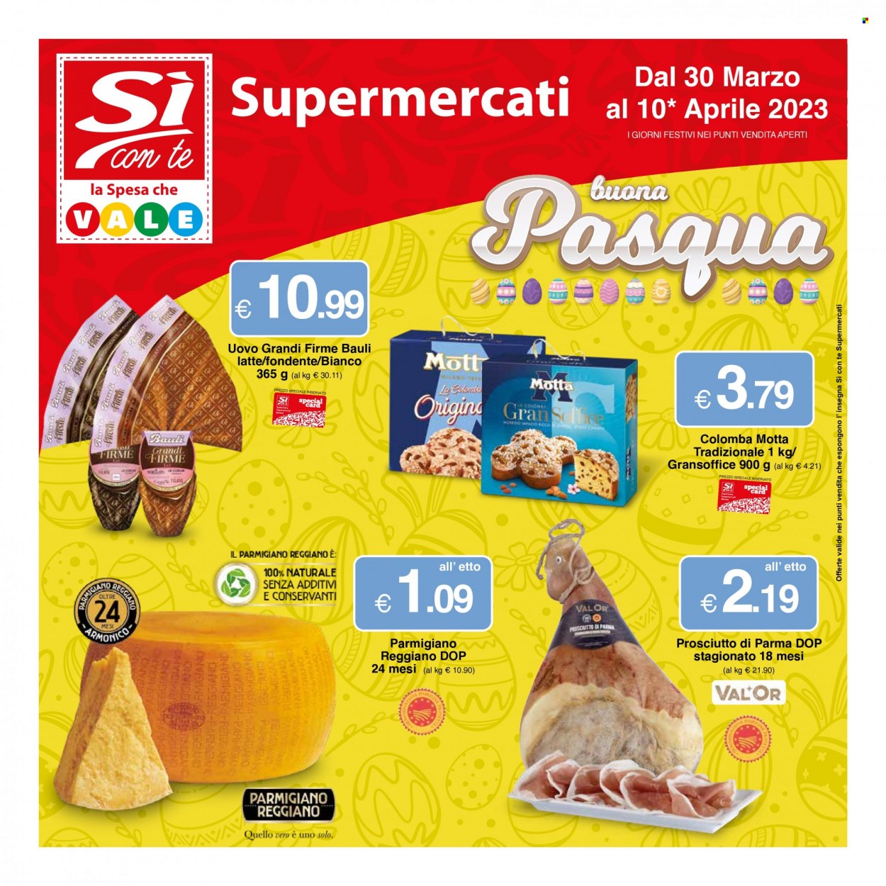 thumbnail - Volantino Si con te Supermercati - 30/3/2023 - 10/4/2023 - Prodotti in offerta - Bauli, colomba, Motta, prosciutto, Prosciutto di Parma. Pagina 1.