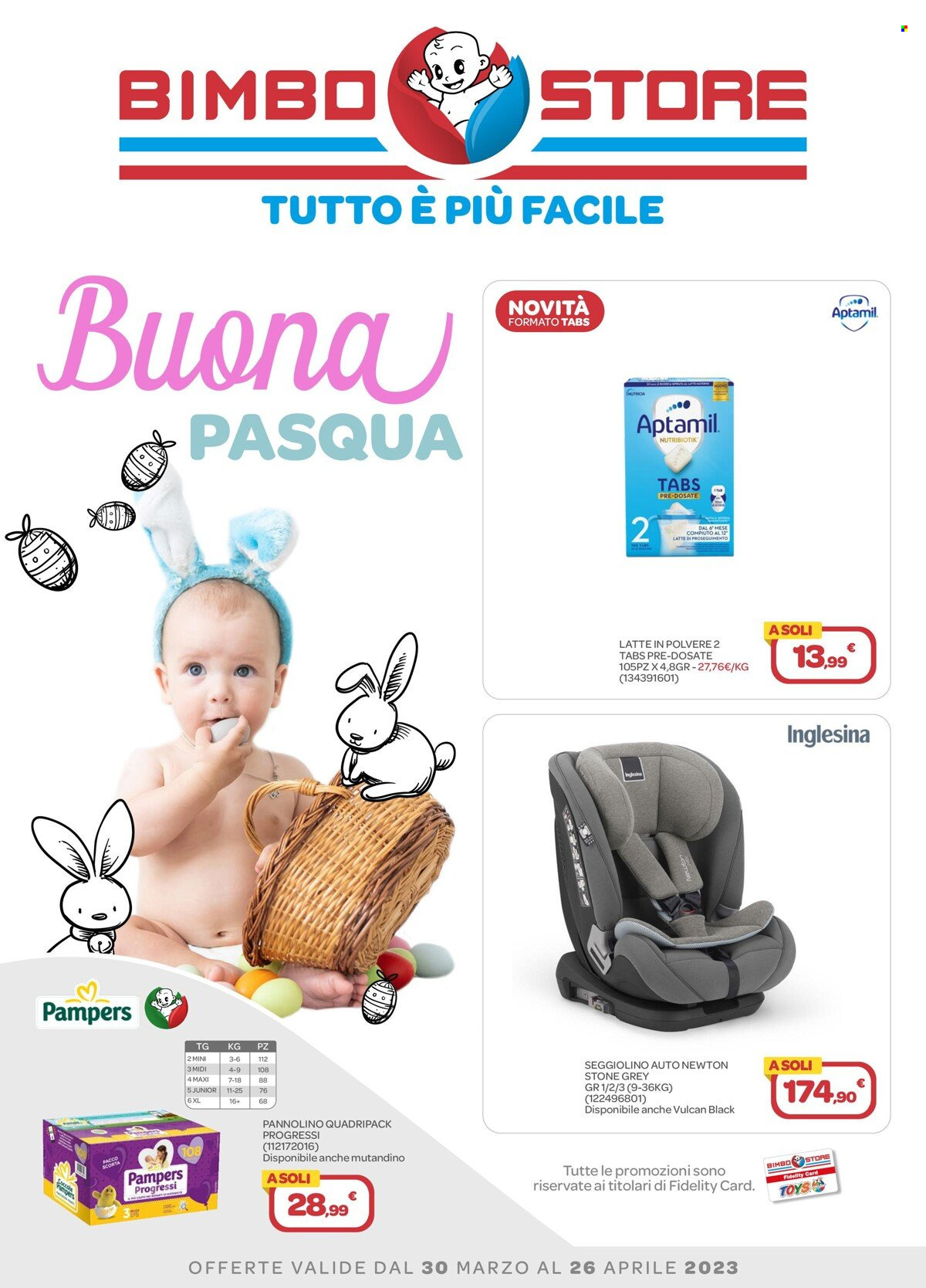 thumbnail - Volantino Bimbo Store - 30/3/2023 - 26/4/2023 - Prodotti in offerta - Aptamil, latte in polvere, Pampers, Inglesina, seggiolino per auto. Pagina 1.