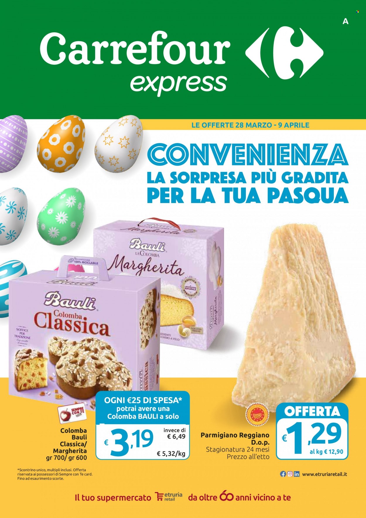 thumbnail - Volantino Carrefour - 28/3/2023 - 9/4/2023 - Prodotti in offerta - Bauli, colomba, formaggio, parmigiano. Pagina 1.