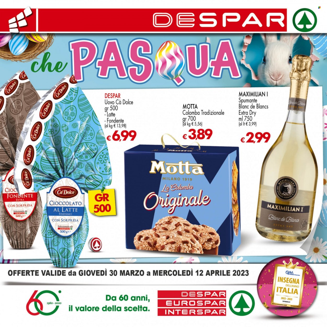 thumbnail - Volantino Eurospar - 30/3/2023 - 12/4/2023 - Prodotti in offerta - colomba, Motta, cioccolato al latte, Spumante. Pagina 1.