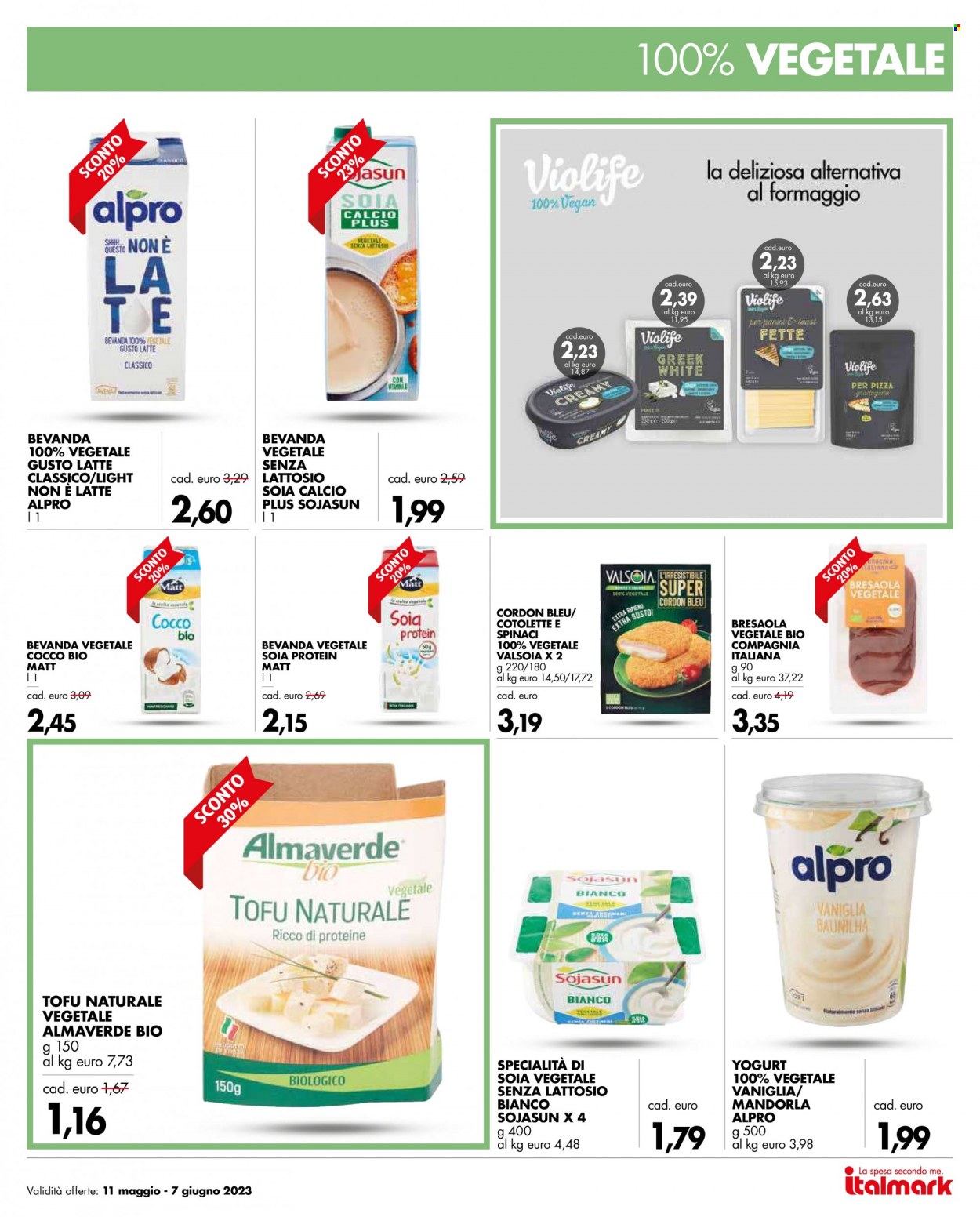 thumbnail - Volantino Italmark - 11/5/2023 - 7/6/2023 - Prodotti in offerta - cotolette, Valsoia, tofu, Cordon Bleu, bresaola, yogurt, Alpro, soia. Pagina 21.