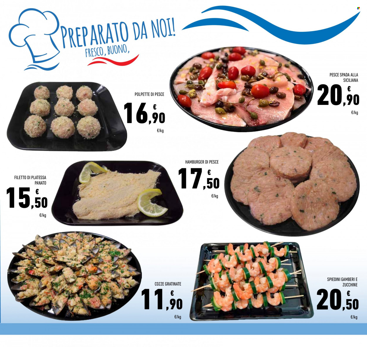 thumbnail - Volantino Conad - 25/5/2023 - 3/6/2023 - Prodotti in offerta - hamburger, polpette, cozze, filetti di platessa, pesce spada, platessa, burger di pesce, spiedini. Pagina 13.