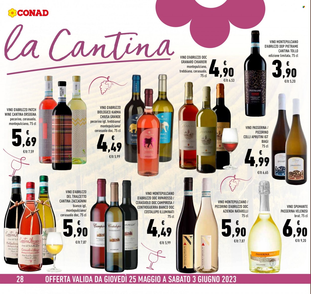 thumbnail - Volantino Conad - 25/5/2023 - 3/6/2023 - Prodotti in offerta - vino bianco, vino rosso, Spumante, vino, Montepulciano d'Abruzzo, Trebbiano, Cerasuolo. Pagina 28.