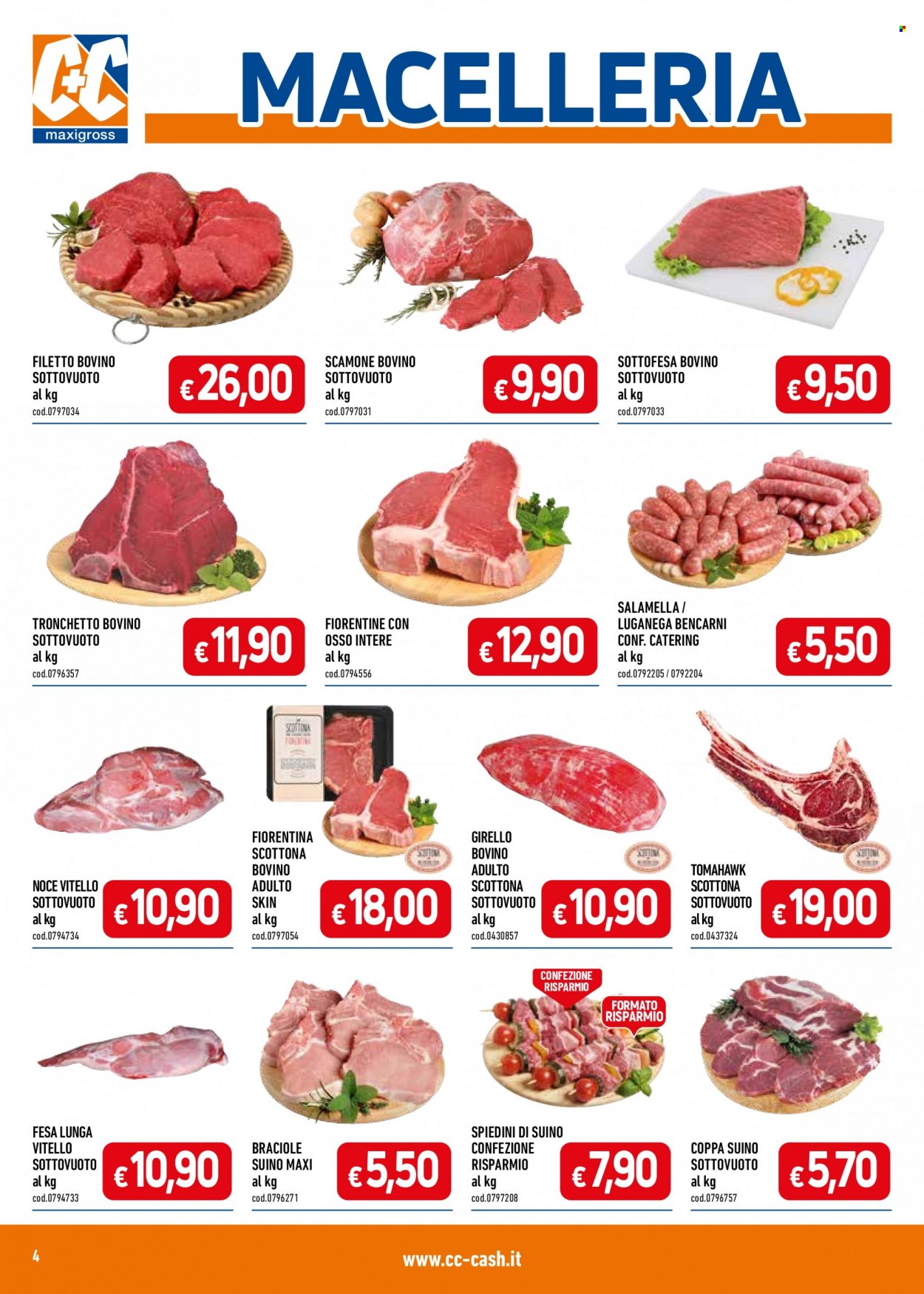 thumbnail - Volantino C+C Cash & Carry - 22/5/2023 - 4/6/2023 - Prodotti in offerta - manzo, vitello, girello di bovino, tomahawk steak, scottona, salamella, suino, spiedini. Pagina 4.
