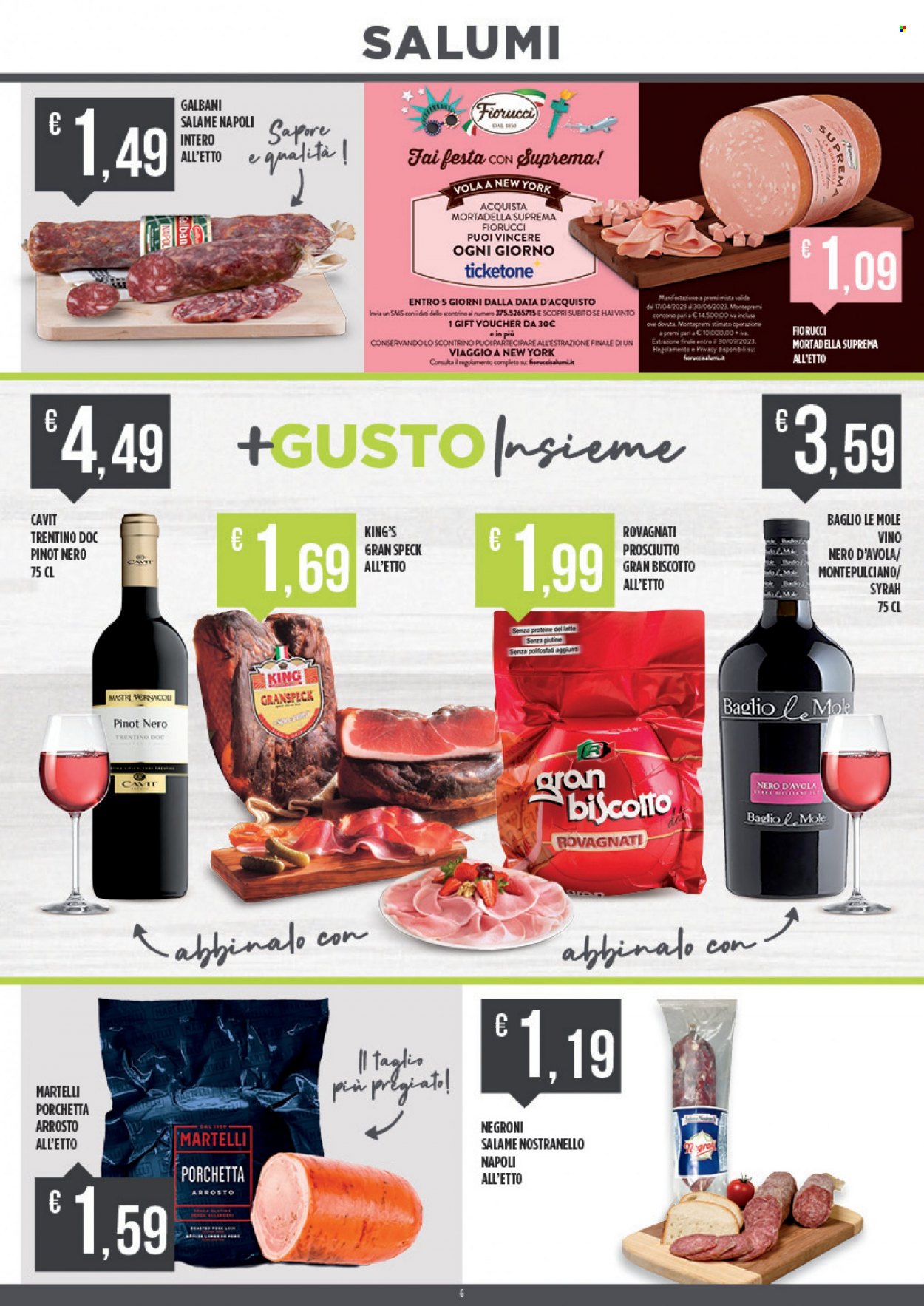 thumbnail - Volantino Euroesse - 22/5/2023 - 4/6/2023 - Prodotti in offerta - pere, Fiorucci, salame Napoli, speck, Galbani, mortadella, porchetta, Rovagnati, vino rosso, Pinot Nero, Nero d'Avola, vino. Pagina 6.