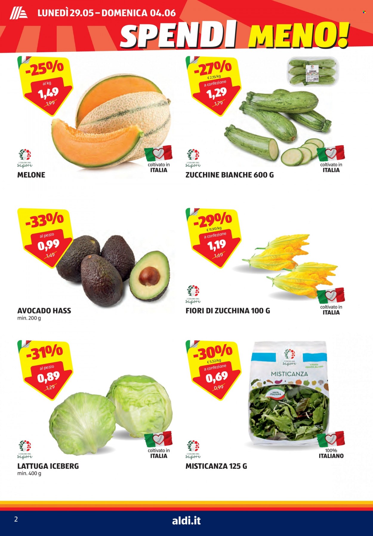 thumbnail - Volantino Aldi - 29/5/2023 - 4/6/2023 - Prodotti in offerta - zucchine, lattuga, lattuga iceberg, melone, avocado. Pagina 2.