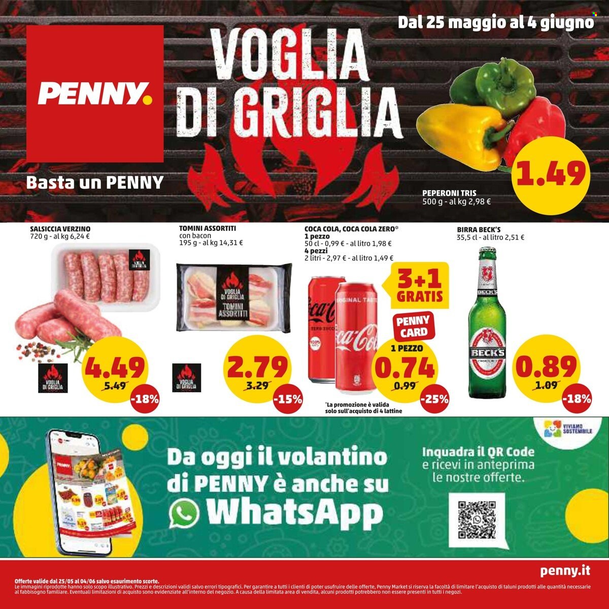 thumbnail - Volantino Penny Market - 25/5/2023 - 4/6/2023 - Prodotti in offerta - Beck‘s, birra, peperoni, salsiccia, formaggio, tomino, Coca Cola, Coca Cola Zero, bibita gassata. Pagina 1.