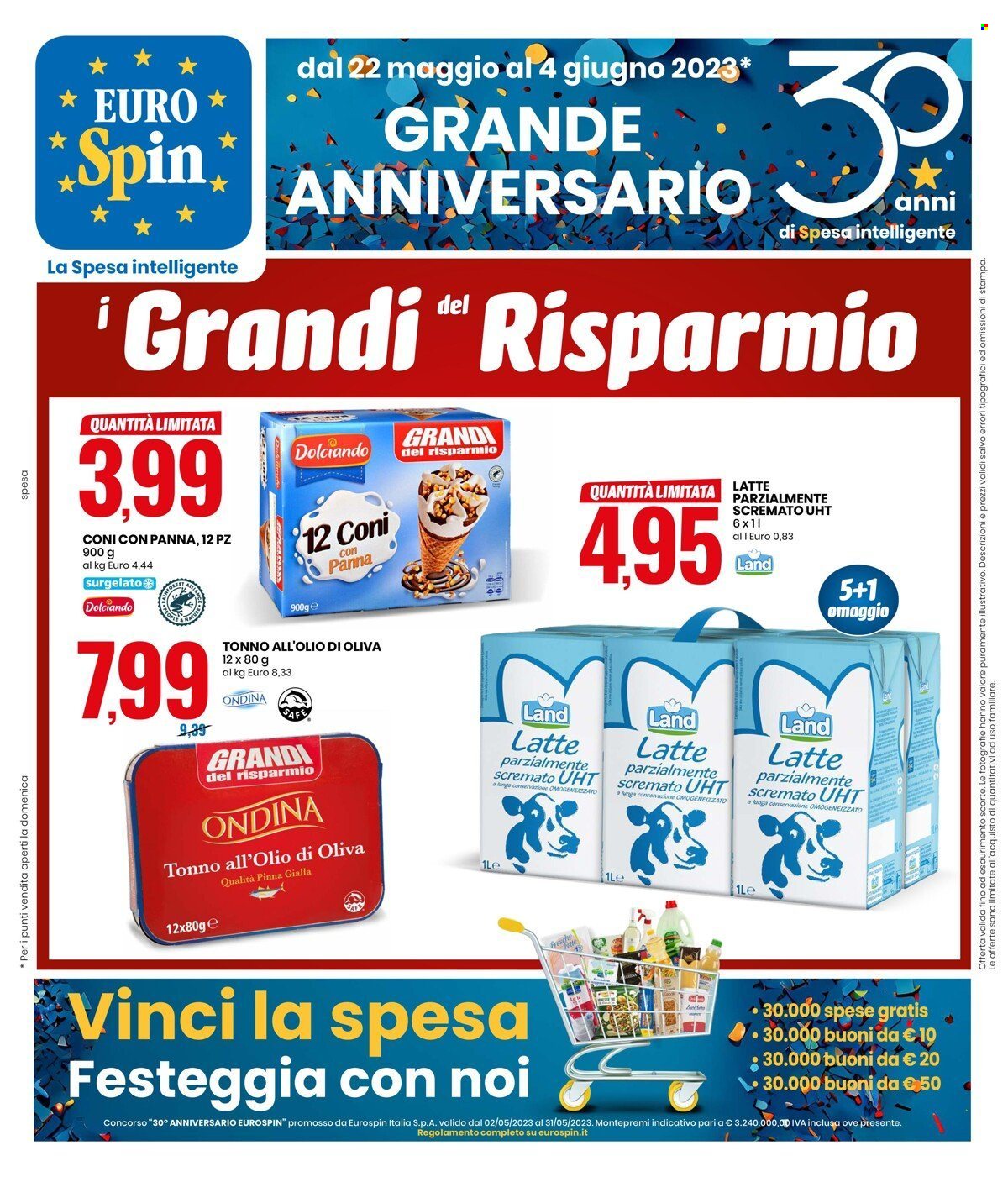 thumbnail - Volantino EuroSpin - 22/5/2023 - 4/6/2023 - Prodotti in offerta - latte, latte parzialmente scremato, tonno sott'olio, omogeneizzati. Pagina 1.