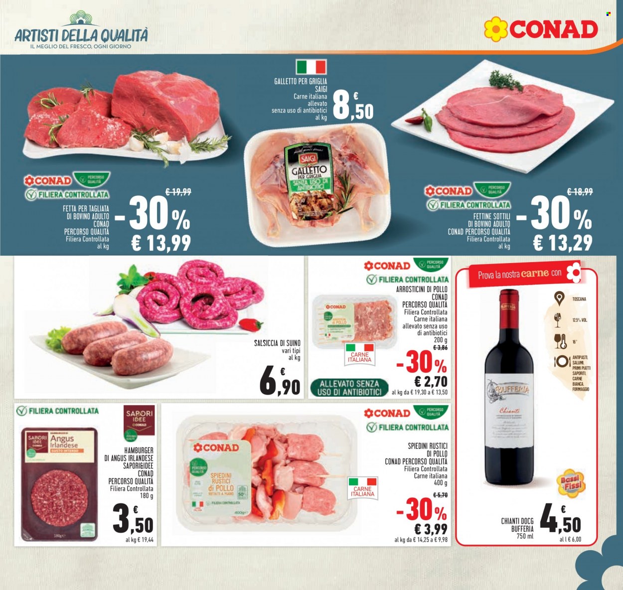 thumbnail - Volantino Conad - 25/5/2023 - 7/6/2023 - Prodotti in offerta - galletto, manzo, tagliata, hamburger, arrosticini, spiedini, formaggio, vino rosso, Chianti, vino. Pagina 3.