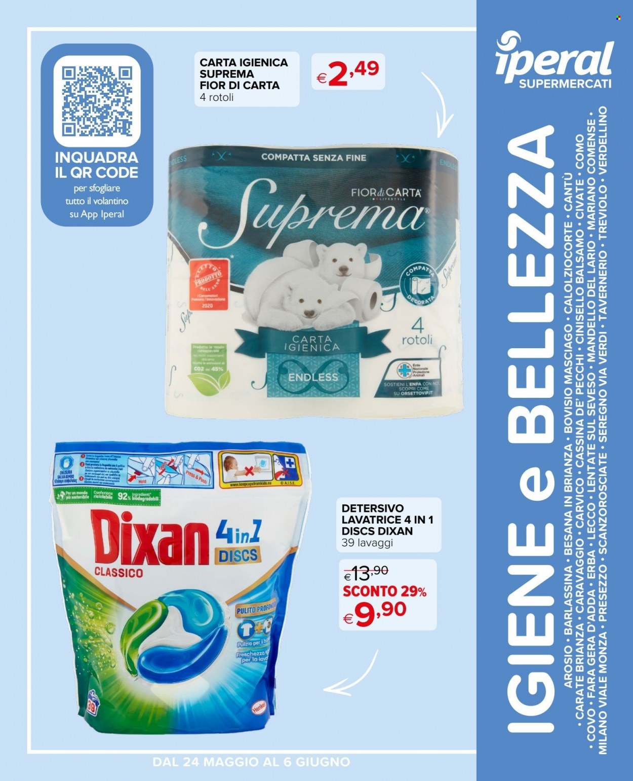 thumbnail - Volantino Iperal - 24/5/2023 - 6/6/2023 - Prodotti in offerta - carta igienica, detersivo per lavatrice, Dixan. Pagina 1.