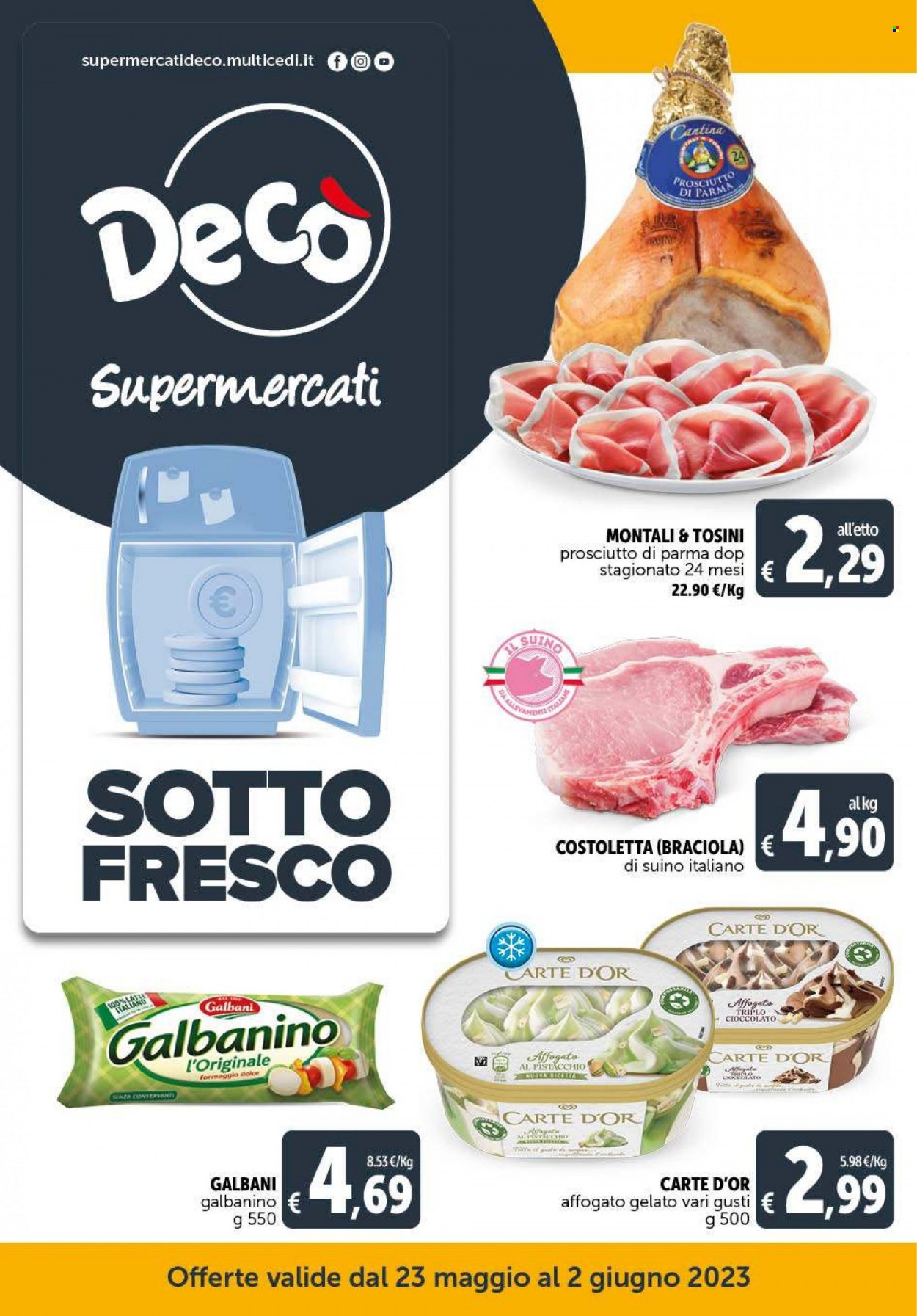 thumbnail - Volantino Deco - 23/5/2023 - 2/6/2023 - Prodotti in offerta - Carte d'Or, costolette, suino, prosciutto, Prosciutto di Parma, Galbani, formaggio, Galbanino, gelato. Pagina 1.