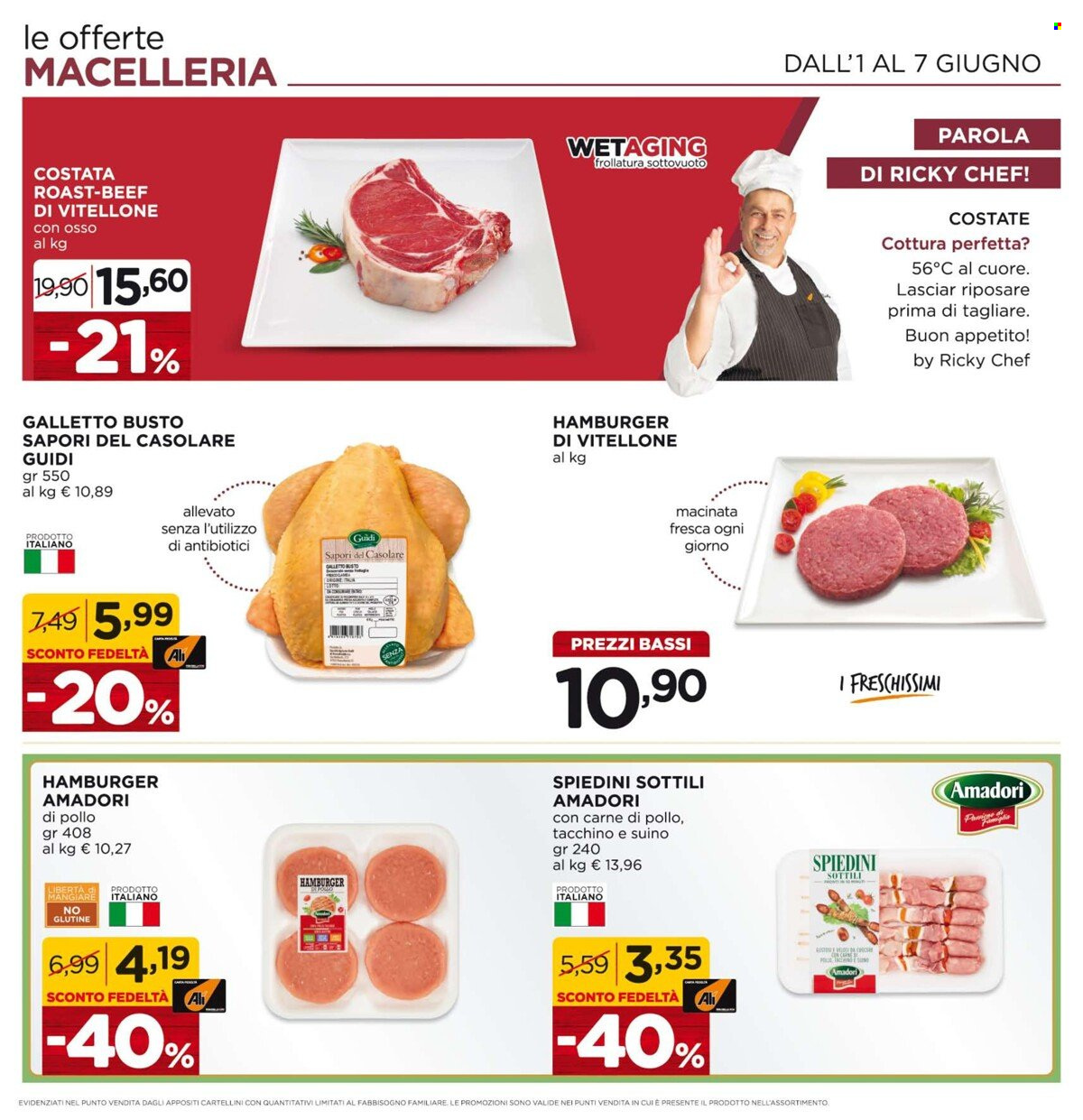 thumbnail - Volantino Alì Supermercati - 22/5/2023 - 7/6/2023 - Prodotti in offerta - galletto, Amadori, vitellone, hamburger, hamburger di vitellone, spiedini. Pagina 7.