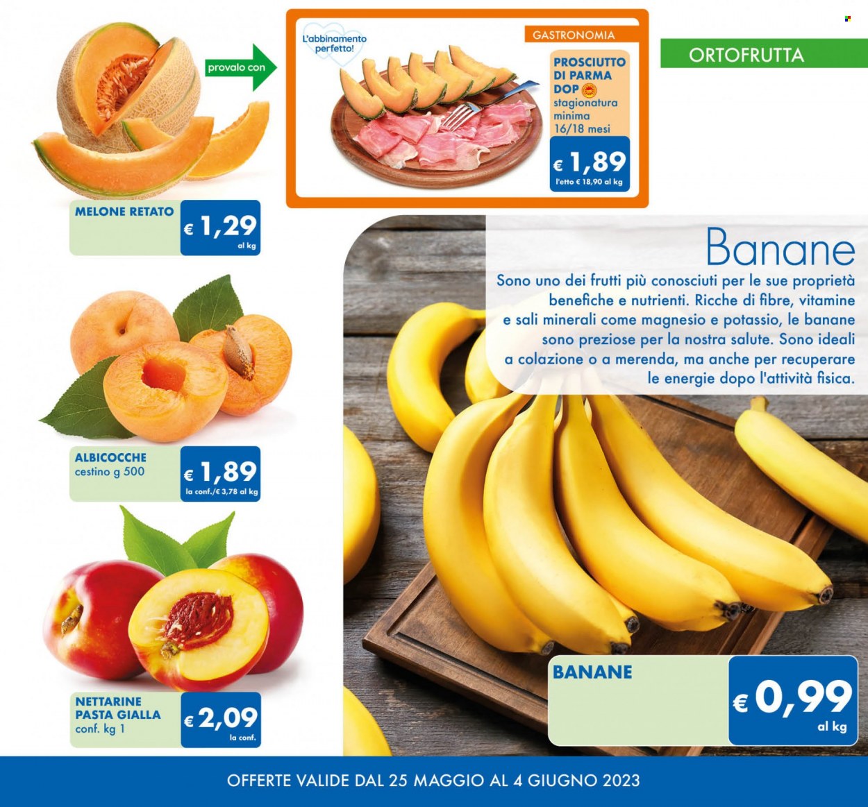 thumbnail - Volantino MD Discount - 25/5/2023 - 4/6/2023 - Prodotti in offerta - banane, albicocche, melone, nettarine, melone retato, prosciutto, Prosciutto di Parma, Magnesio. Pagina 3.