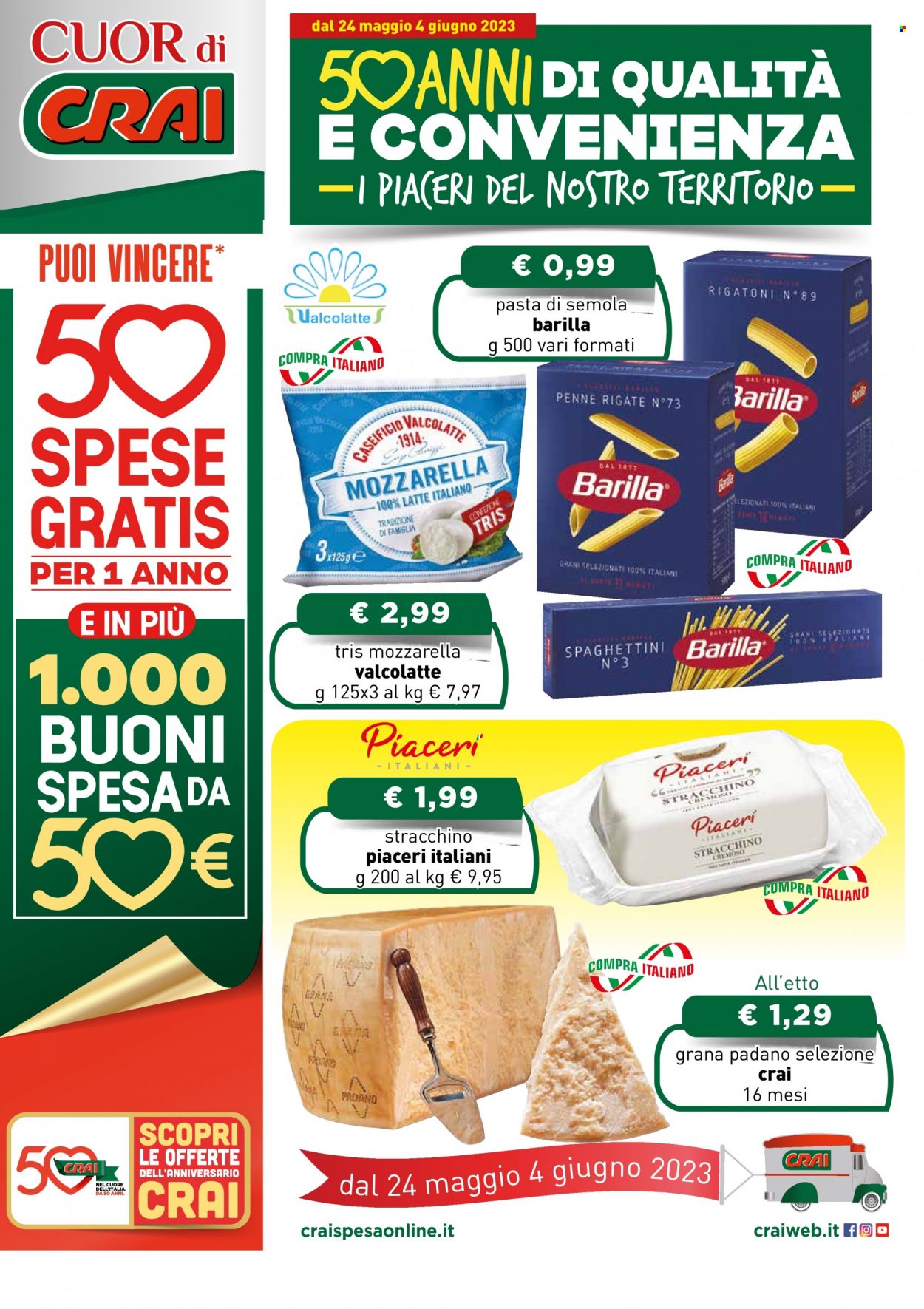 thumbnail - Volantino CRAI - 24/5/2023 - 4/6/2023 - Prodotti in offerta - formaggio, mozzarella, stracchino, Grana Padano, Barilla, pasta. Pagina 1.