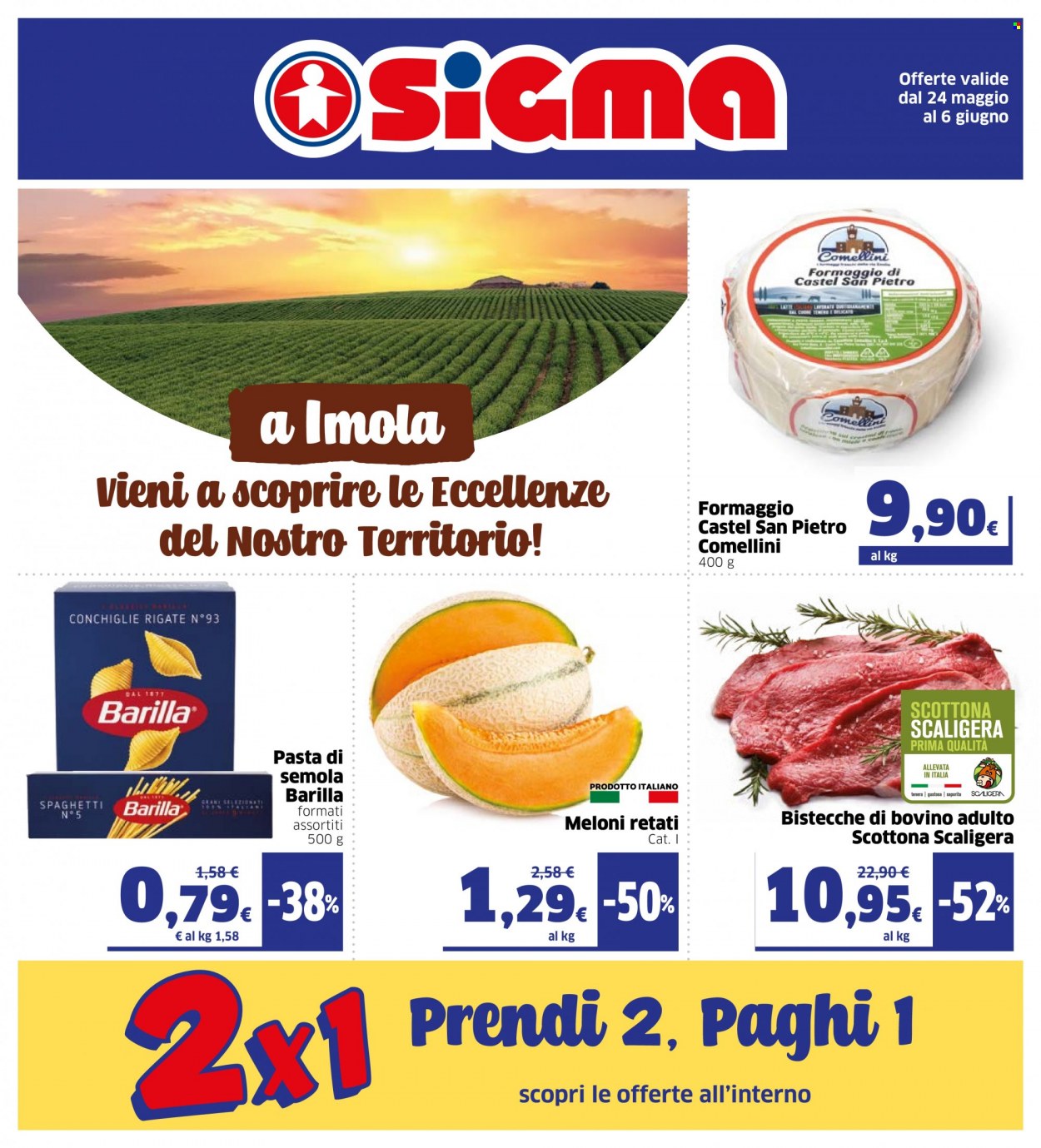thumbnail - Volantino Sigma - 24/5/2023 - 6/6/2023 - Prodotti in offerta - bistecca, manzo, bistecca di manzo, scottona, formaggio, Barilla, spaghetti, pasta. Pagina 1.