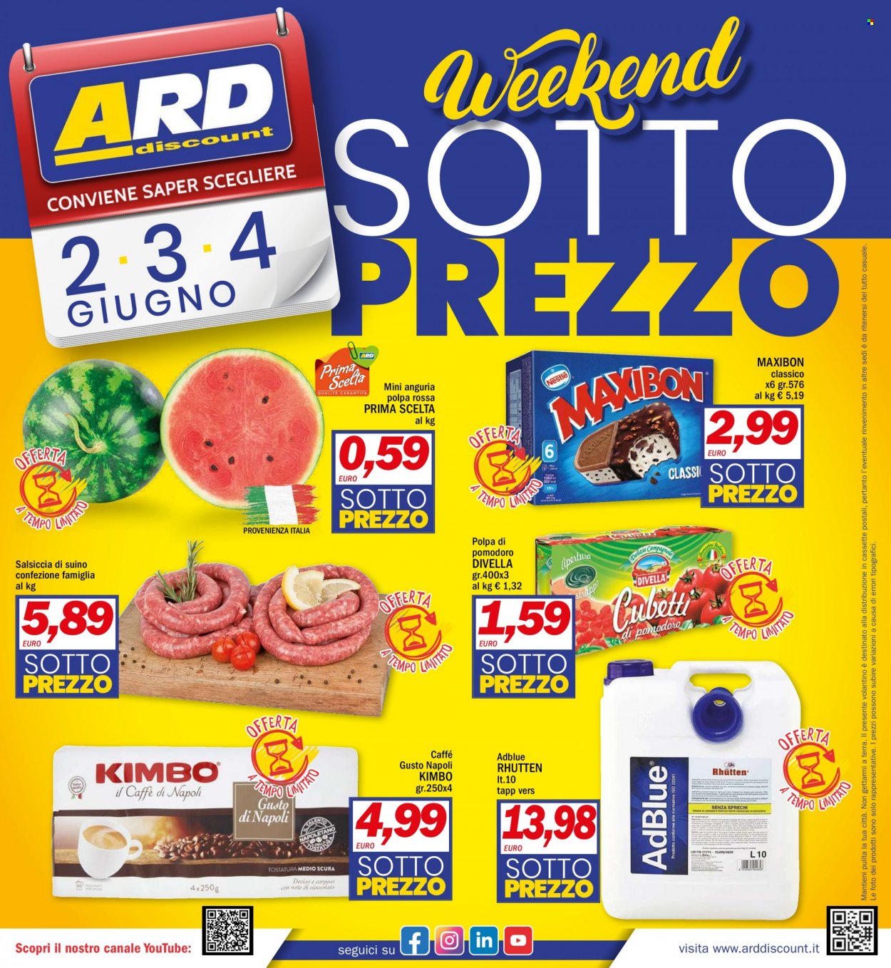 thumbnail - Volantino ARD Discount - 25/5/2023 - 4/6/2023 - Prodotti in offerta - Divella, anguria, salsiccia, gelato, Maxibon, polpa di pomodoro, caffè, Kimbo. Pagina 24.