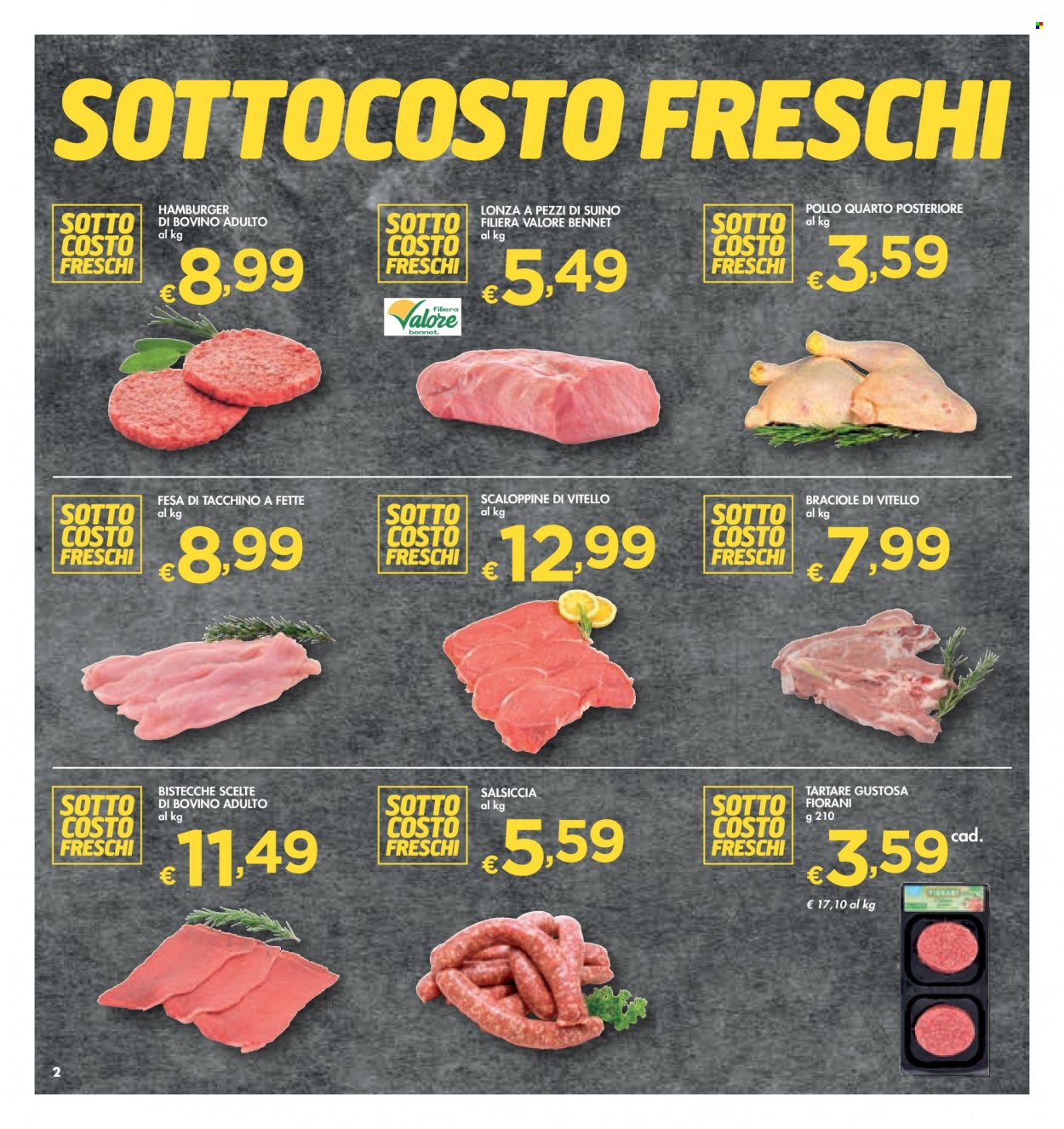 thumbnail - Volantino bennet - 25/5/2023 - 7/6/2023 - Prodotti in offerta - bistecca, petto di tacchino, pollo, vitello, salsiccia, hamburger, suino. Pagina 2.
