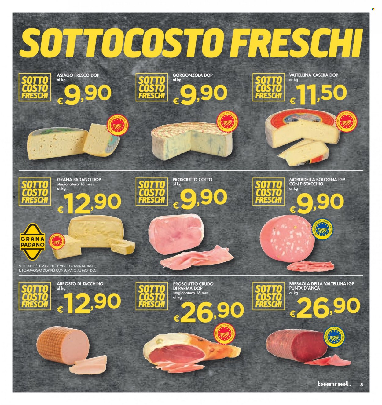 thumbnail - Volantino bennet - 25/5/2023 - 7/6/2023 - Prodotti in offerta - tacchino arrosto, prosciutto, bresaola, prosciutto cotto, prosciutto crudo, mortadella, formaggio, gorgonzola, Grana Padano, Asiago. Pagina 5.
