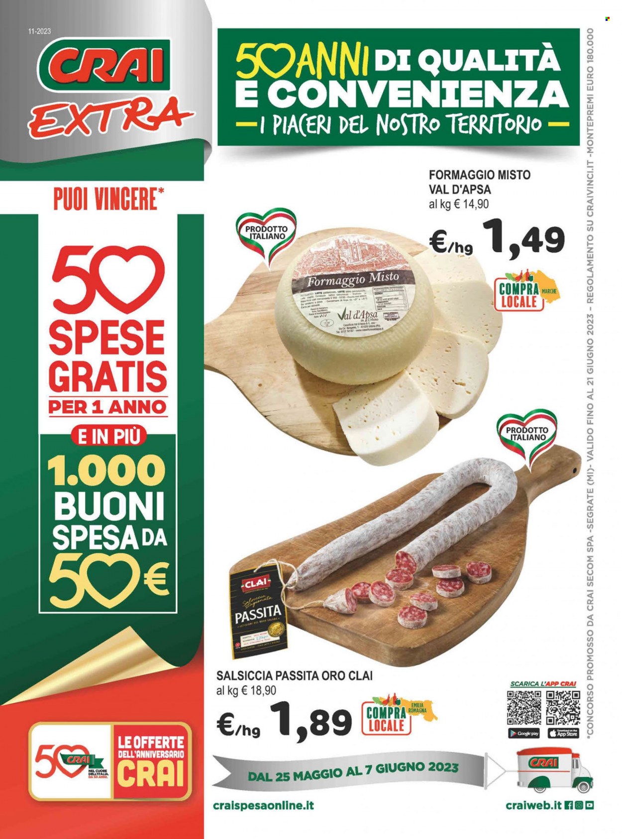 thumbnail - Volantino CRAI - 25/5/2023 - 7/6/2023 - Prodotti in offerta - salsiccia, salsiccia stagionata, formaggio, latte. Pagina 1.