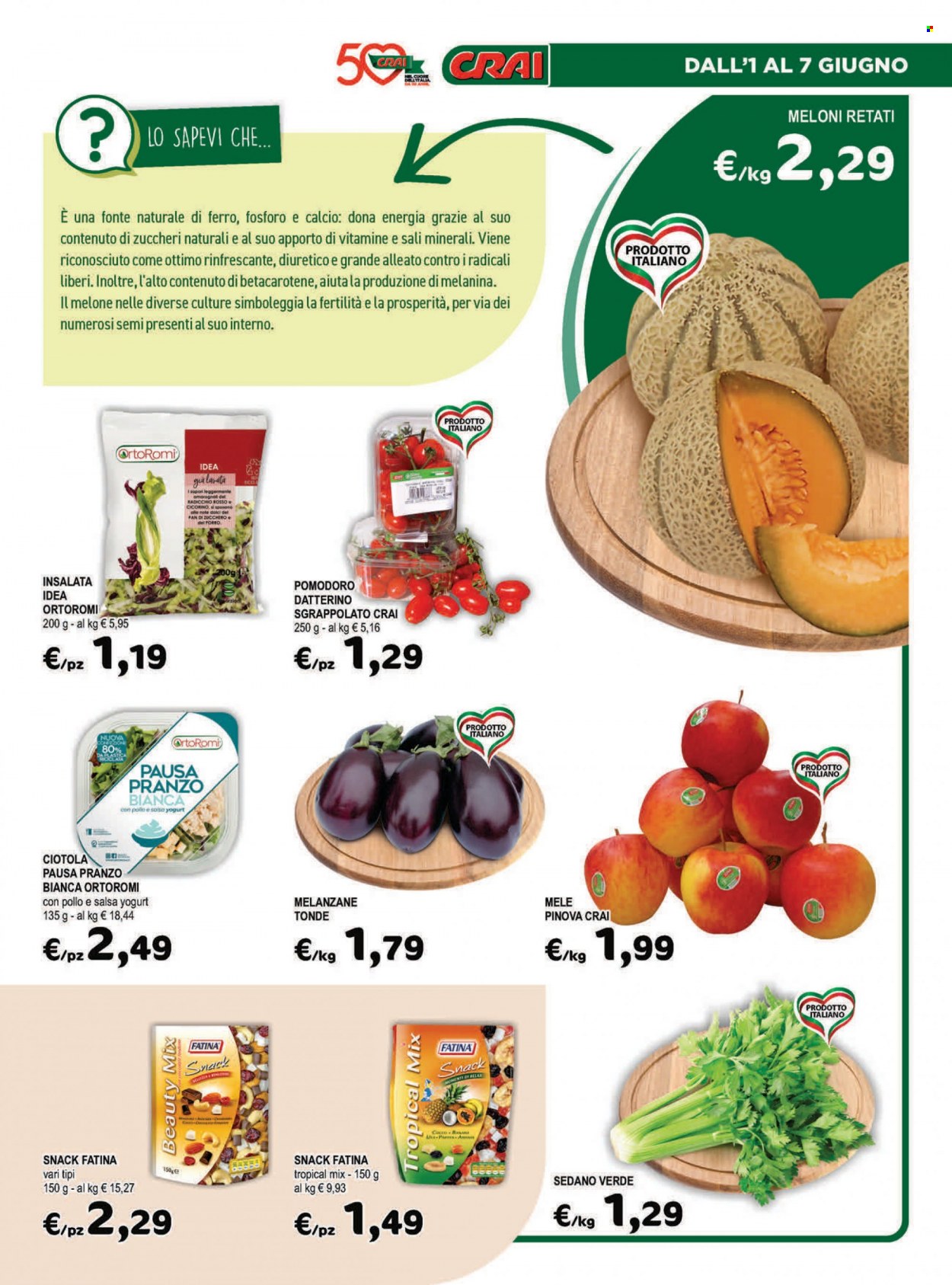 thumbnail - Volantino CRAI - 25/5/2023 - 7/6/2023 - Prodotti in offerta - melanzane, radicchio, sedano, pomodorini, melone, yogurt, zucchero, Fatina. Pagina 3.