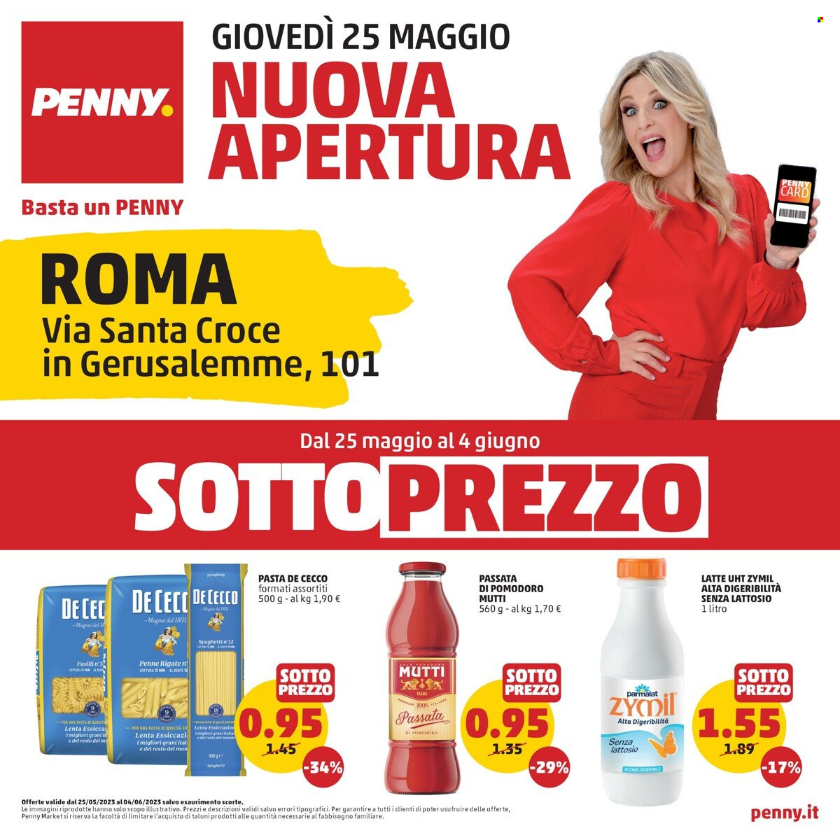 thumbnail - Volantino Penny Market - 25/5/2023 - 4/6/2023 - Prodotti in offerta - Parmalat, Zymil, latte, De Cecco, passata di pomodoro, Mutti, pasta, penne. Pagina 1.