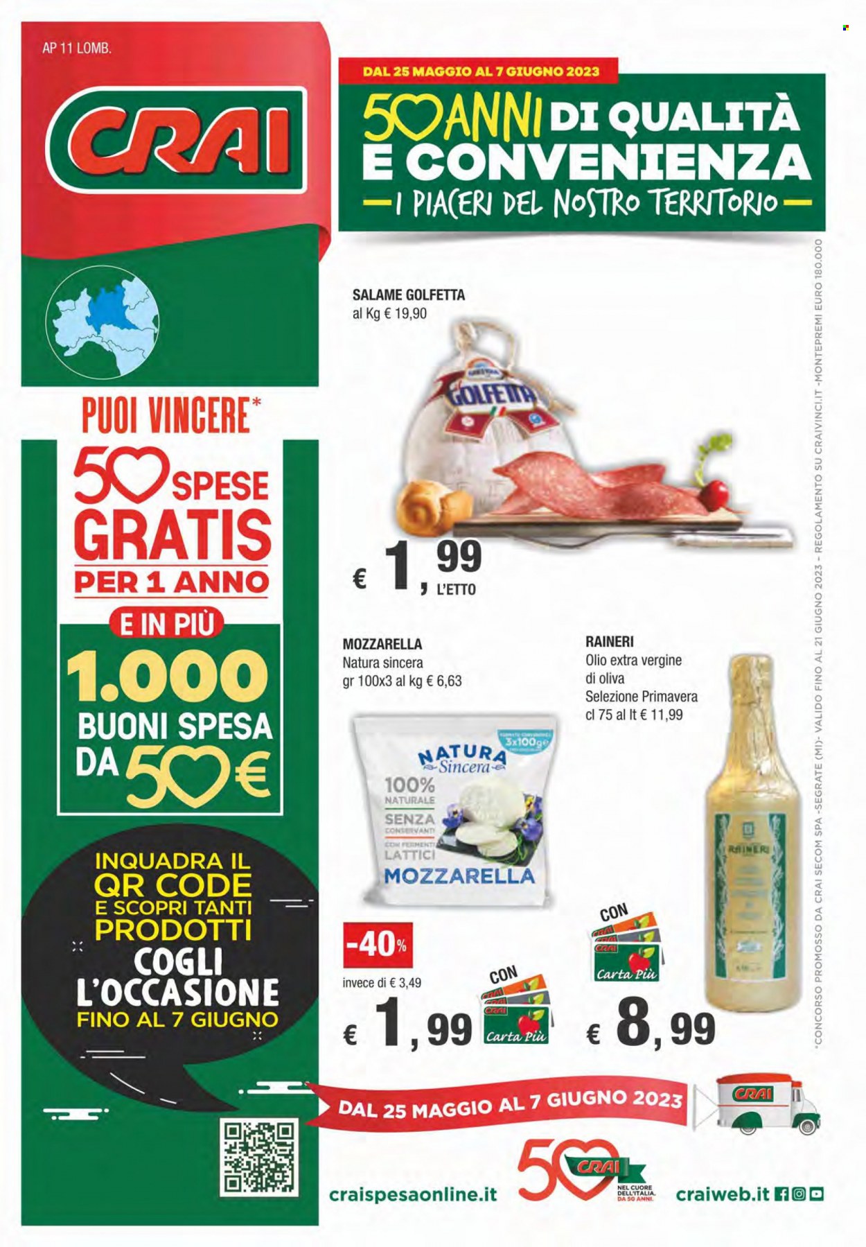 thumbnail - Volantino CRAI - 25/5/2023 - 7/6/2023 - Prodotti in offerta - salame, formaggio, mozzarella, olio, olio extra vergine di oliva. Pagina 1.