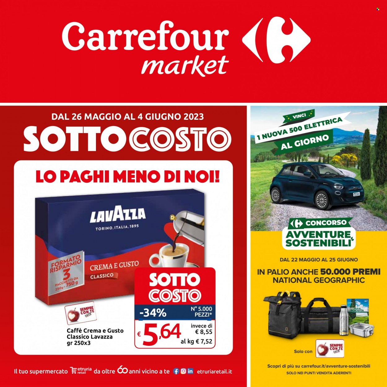 thumbnail - Volantino Carrefour - 26/5/2023 - 4/6/2023 - Prodotti in offerta - caffè, Lavazza, bicicletta. Pagina 1.