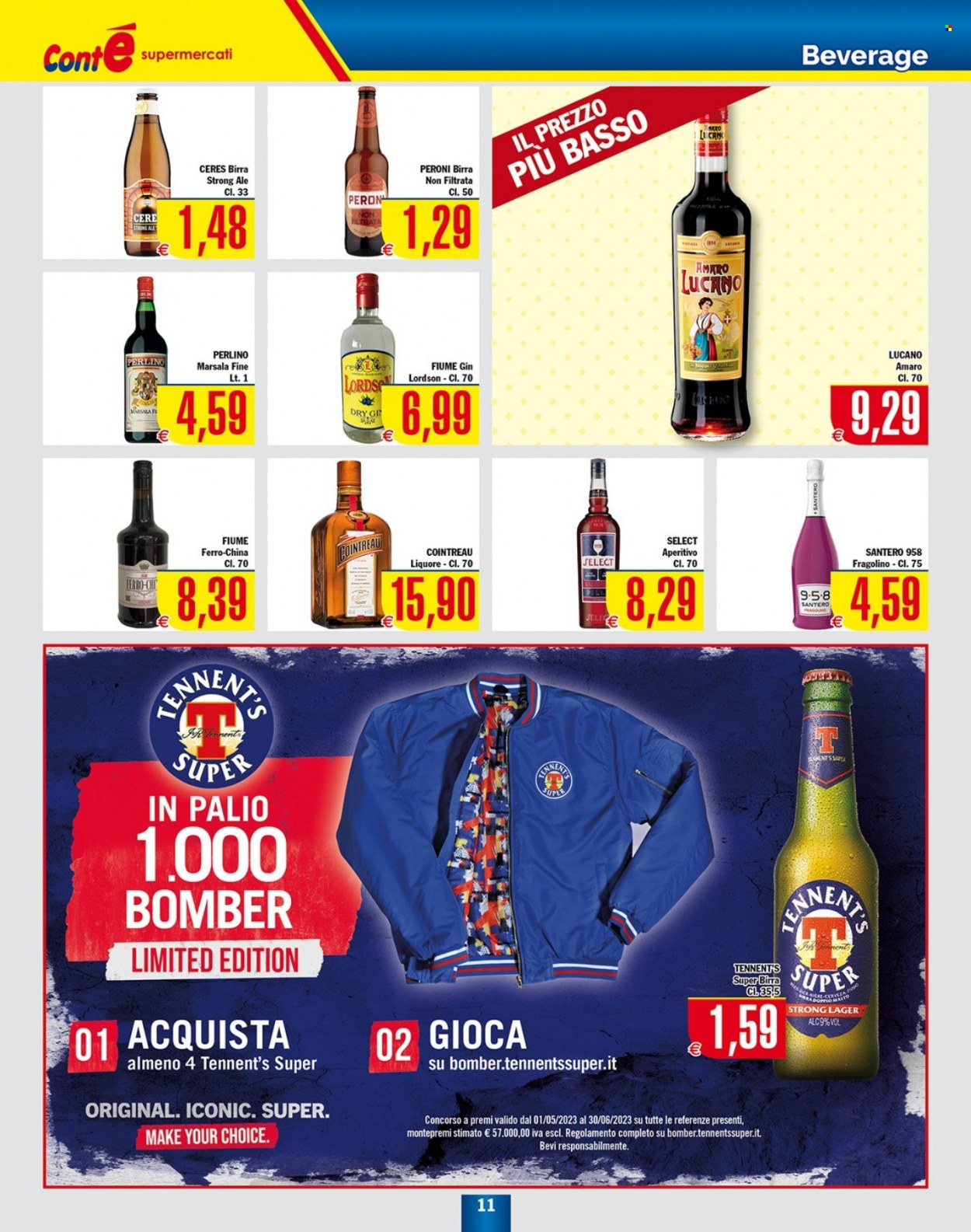 thumbnail - Volantino Contè Supermercati - 29/5/2023 - 7/6/2023 - Prodotti in offerta - Peroni, birra, birra tipo lager, Ceres, Tennent's, Cointreau, Marsala, liquore, gin, aperitivo. Pagina 11.