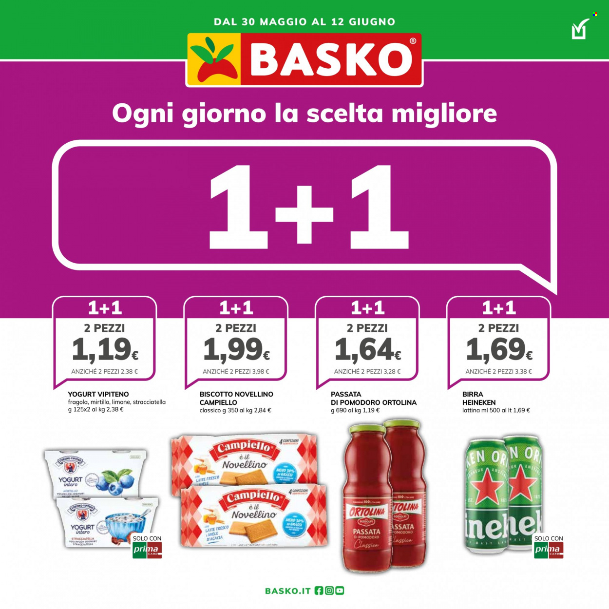 thumbnail - Volantino Basko - 30/5/2023 - 12/6/2023 - Prodotti in offerta - Heineken, birra, yogurt, latte, biscotti, Campiello, passata di pomodoro, miele. Pagina 1.