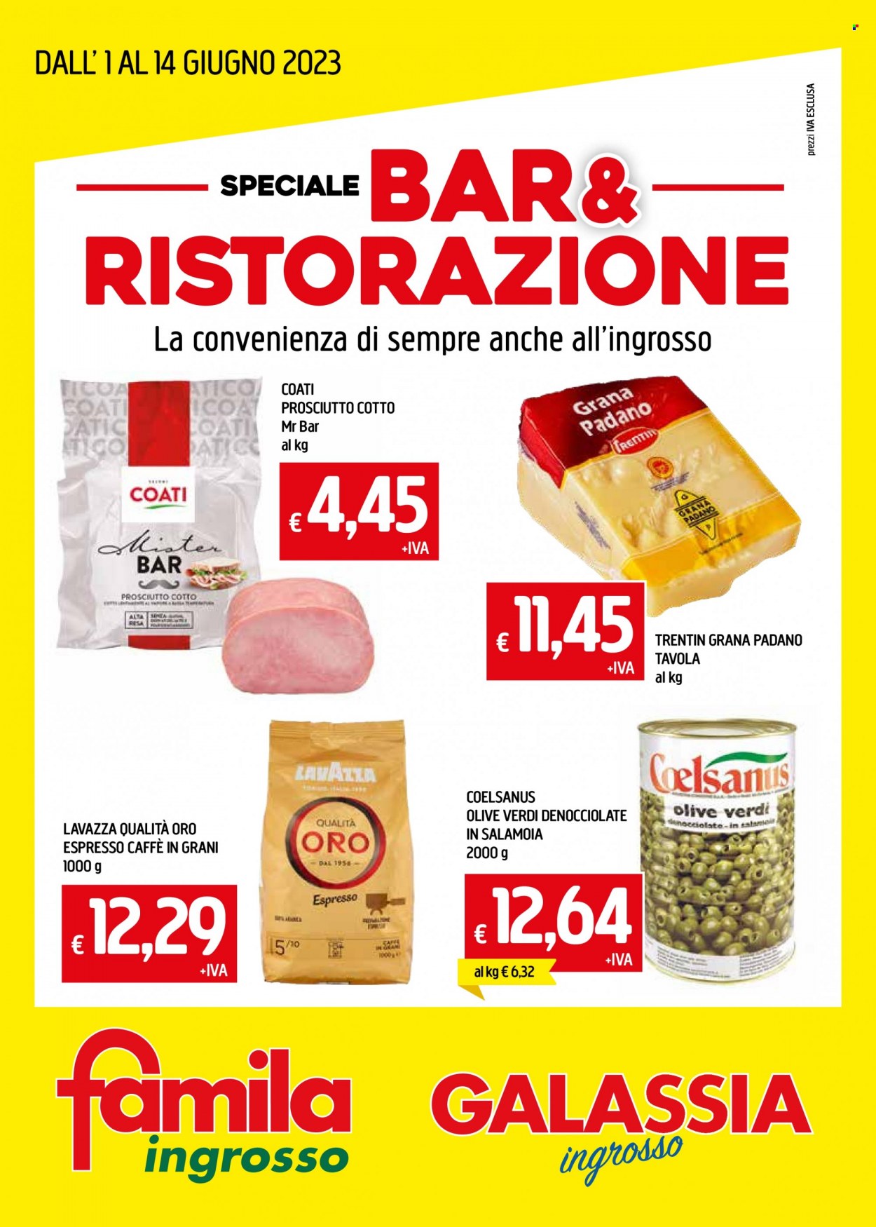thumbnail - Volantino Galassia - 1/6/2023 - 14/6/2023 - Prodotti in offerta - prosciutto, prosciutto cotto, formaggio, Grana Padano, olive, olive verdi, caffè, Lavazza, caffè in grani. Pagina 1.