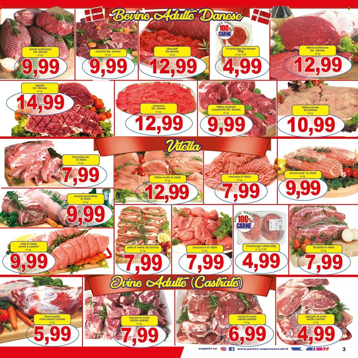 thumbnail - Volantino Pewex - 31/5/2023 - 8/6/2023 - Prodotti in offerta - bocconcini, carpaccio, bocconcini di vitello, fettine di bovino per pizzaiola, tagliata, carne macinata, hamburger. Pagina 3.
