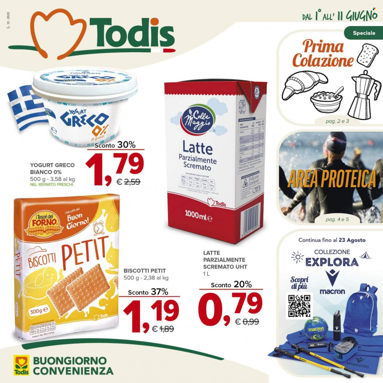 thumbnail - Volantino Todis - 1/6/2023 - 11/6/2023 - Prodotti in offerta - yogurt, yogurt greco, latte, latte parzialmente scremato, biscotti. Pagina 1.