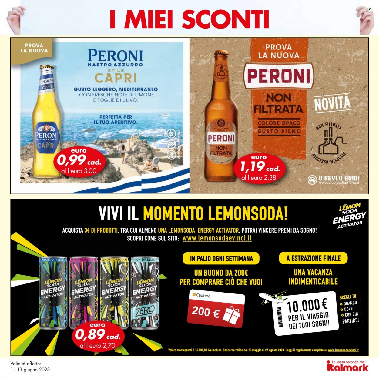 thumbnail - Volantino Italmark - 1/6/2023 - 13/6/2023 - Prodotti in offerta - Peroni, birra, Nastro Azzurro, energy drink, aperitivo, Breeze. Pagina 35.