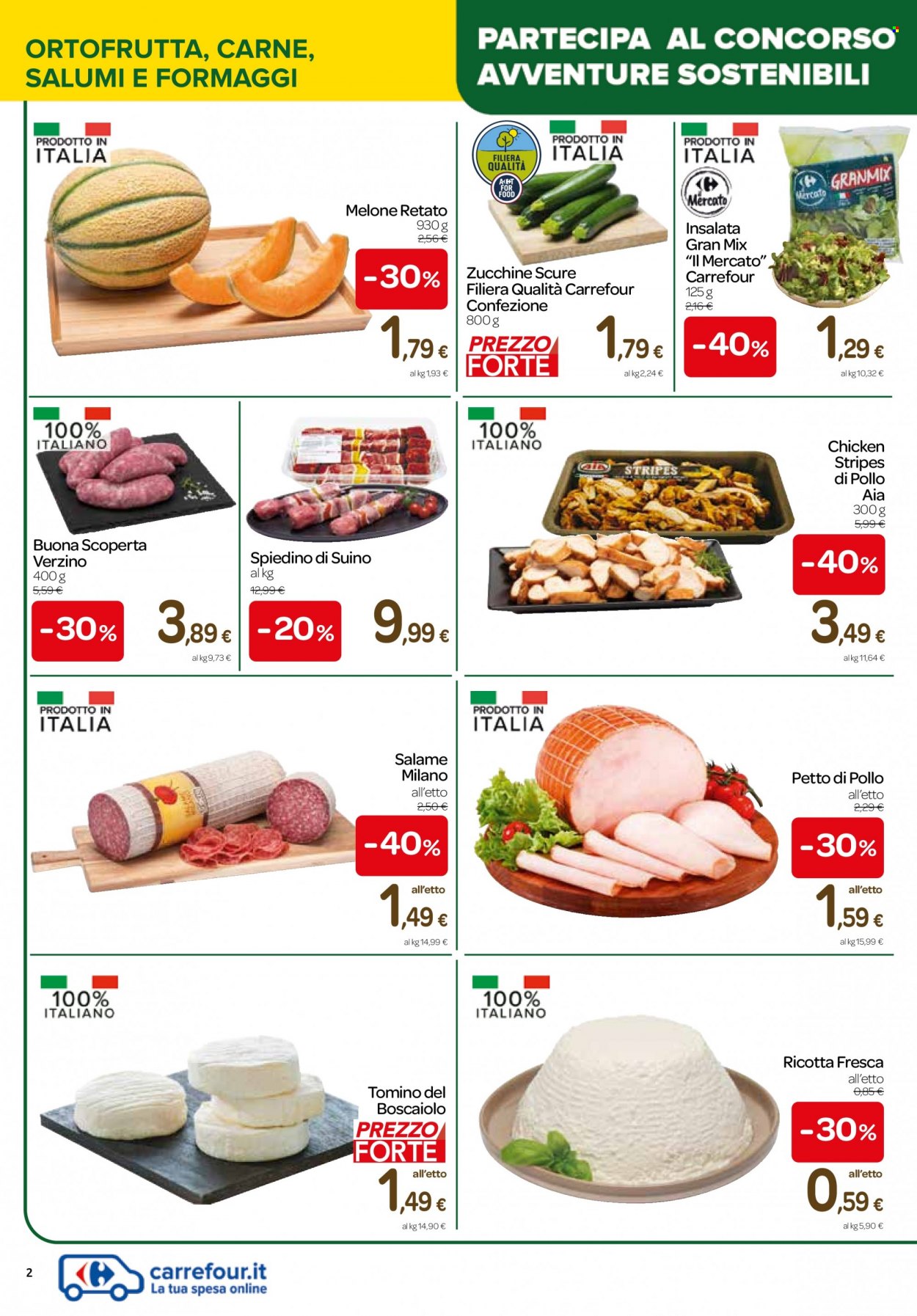 thumbnail - Volantino Carrefour - 1/6/2023 - 13/6/2023 - Prodotti in offerta - zucchine, melone, melone retato, petto di pollo, AIA, suino, salame, formaggio, ricotta, tomino. Pagina 2.