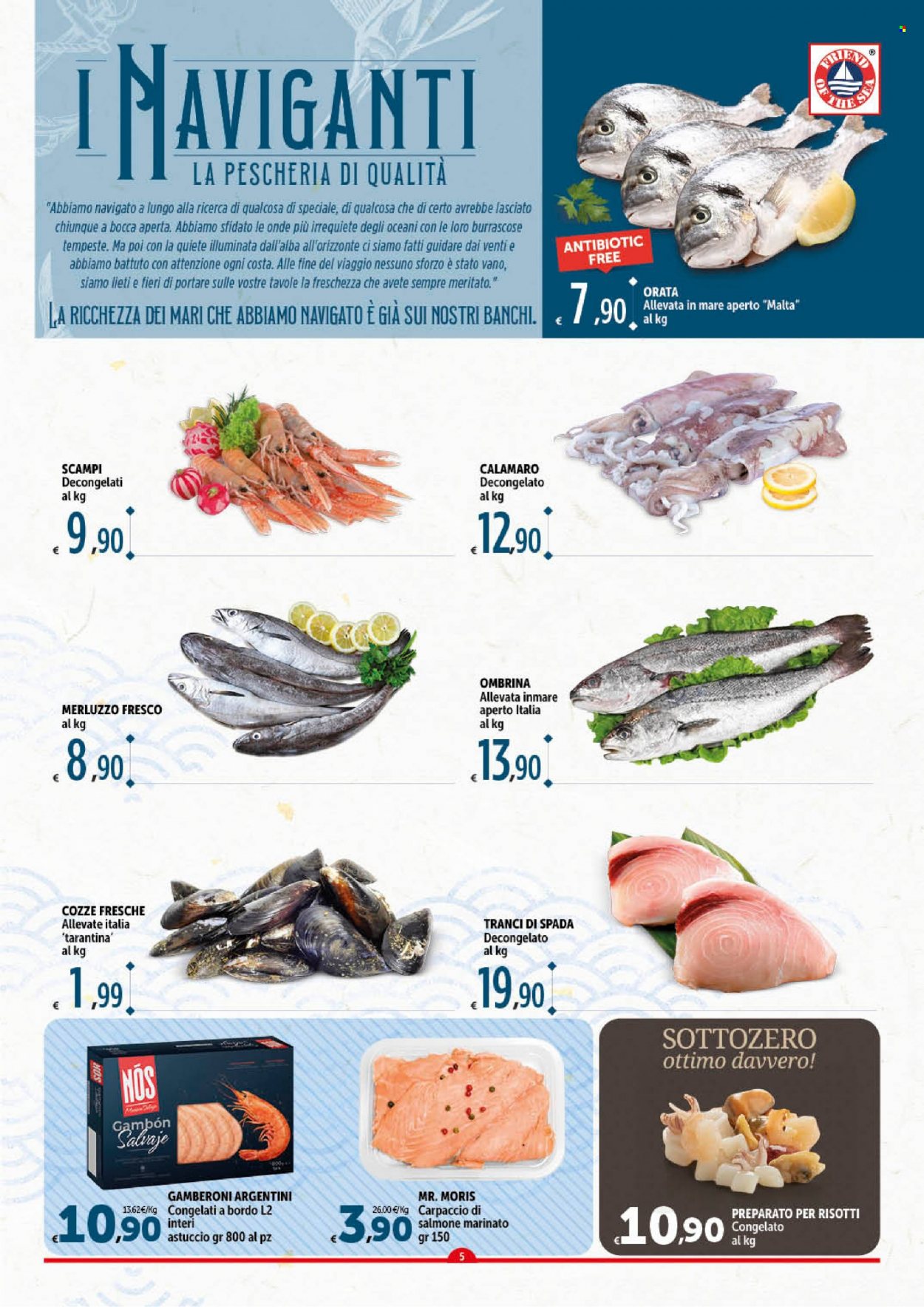 thumbnail - Volantino Carrefour - 1/6/2023 - 10/6/2023 - Prodotti in offerta - carpaccio, salmone, calamari, cozze, scampi, merluzzo, gamberoni, orata, ombrina, carpaccio di salmone, carpaccio di pesce, salmone marinato, astuccio. Pagina 5.