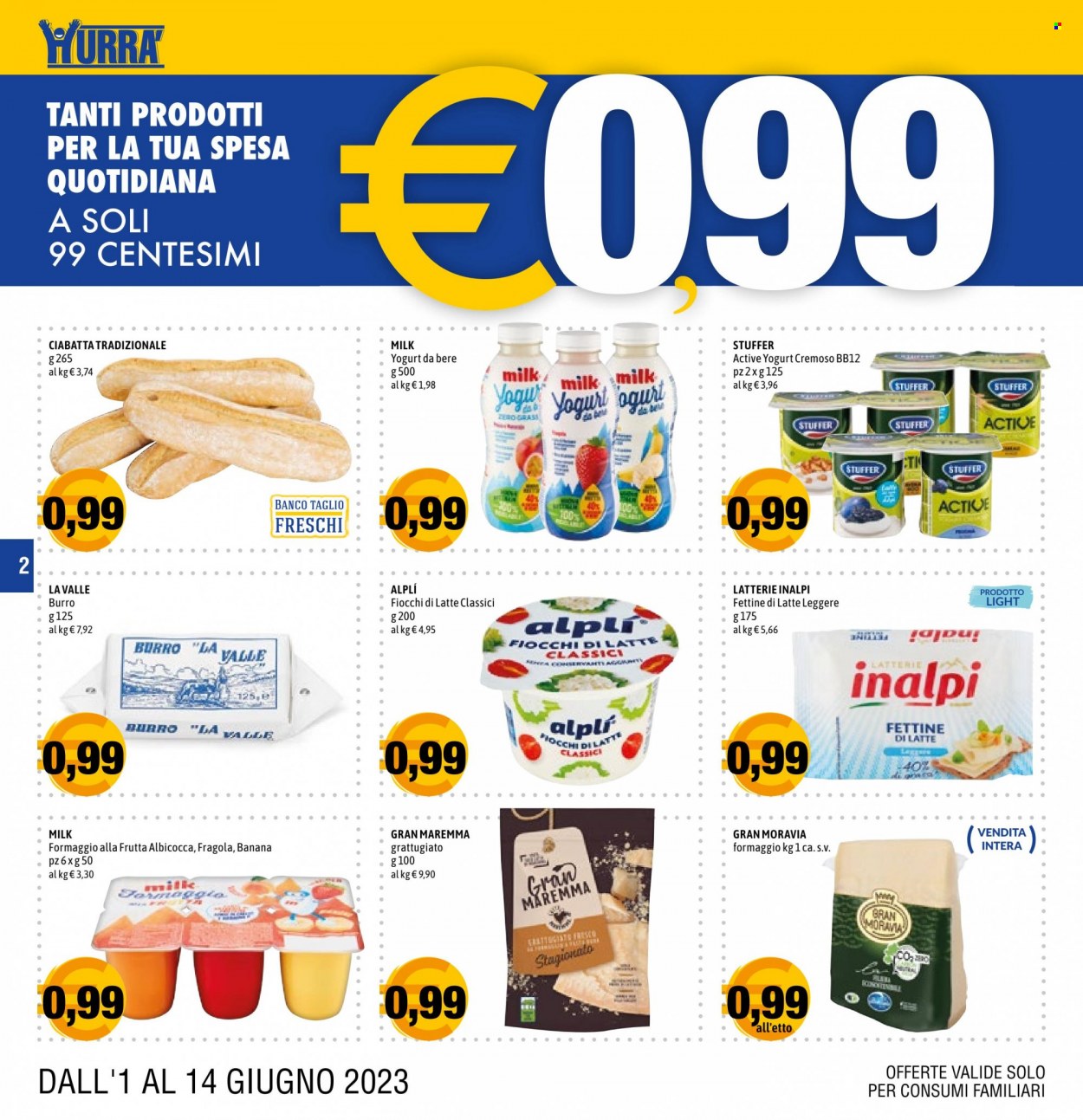 thumbnail - Volantino Hurrà Discount - 1/6/2023 - 14/6/2023 - Prodotti in offerta - ciabatta, formaggio, fiocchi di latte, yogurt, burro, caffè. Pagina 2.