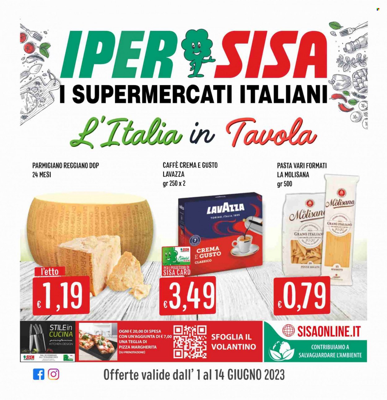 thumbnail - Volantino SISA - 1/6/2023 - 14/6/2023 - Prodotti in offerta - formaggio, parmigiano, pizza Margherita, pasta, penne, caffè, Lavazza. Pagina 1.