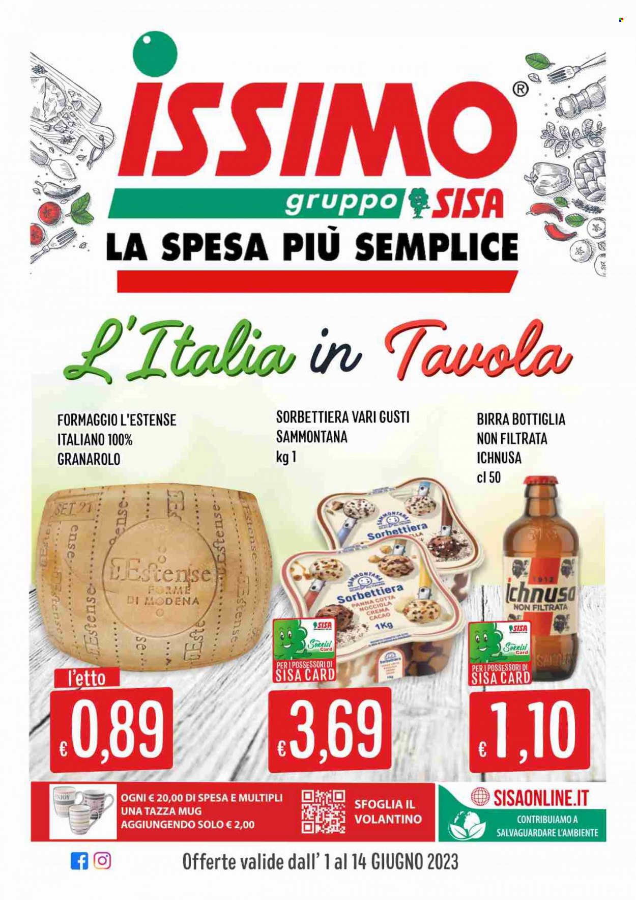 thumbnail - Volantino SISA - 1/6/2023 - 14/6/2023 - Prodotti in offerta - birra, Ichnusa, Granarolo, formaggio, panna cotta, gelato, Sammontana, crema cacao. Pagina 1.
