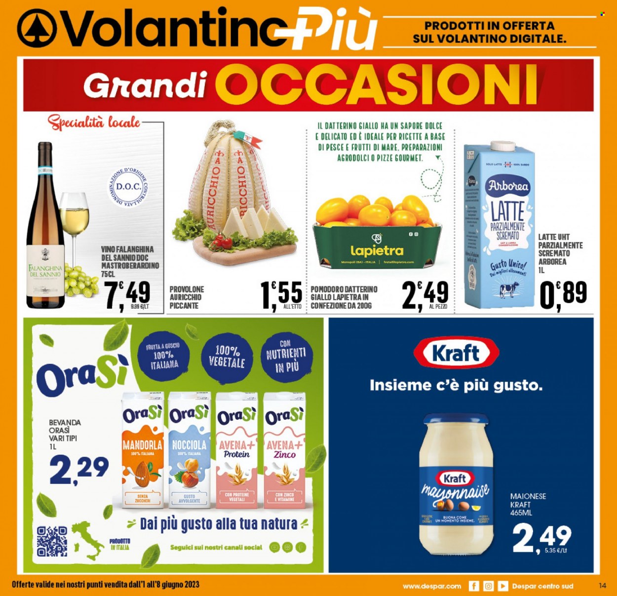 thumbnail - Volantino Eurospar - 1/6/2023 - 8/6/2023 - Prodotti in offerta - pomodorini, formaggio, provolone, Arborea, latte parzialmente scremato, maionese, Kraft, vino, Zinco. Pagina 14.