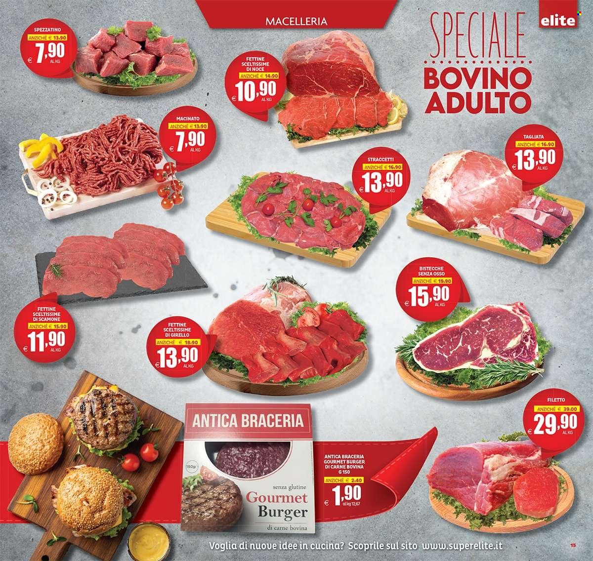 thumbnail - Volantino Elite Supermercati - 1/6/2023 - 11/6/2023 - Prodotti in offerta - bistecca, spezzatino, manzo, tagliata, hamburger. Pagina 15.