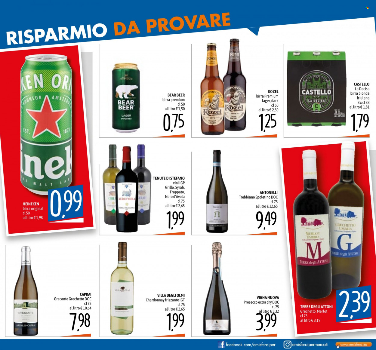 thumbnail - Volantino Emisfero - 1/6/2023 - 14/6/2023 - Prodotti in offerta - Heineken, birra, birra tipo lager, Kozel, Merlot, vino bianco, vino rosso, Chardonnay, Nero d'Avola, Prosecco, vino, Trebbiano. Pagina 6.