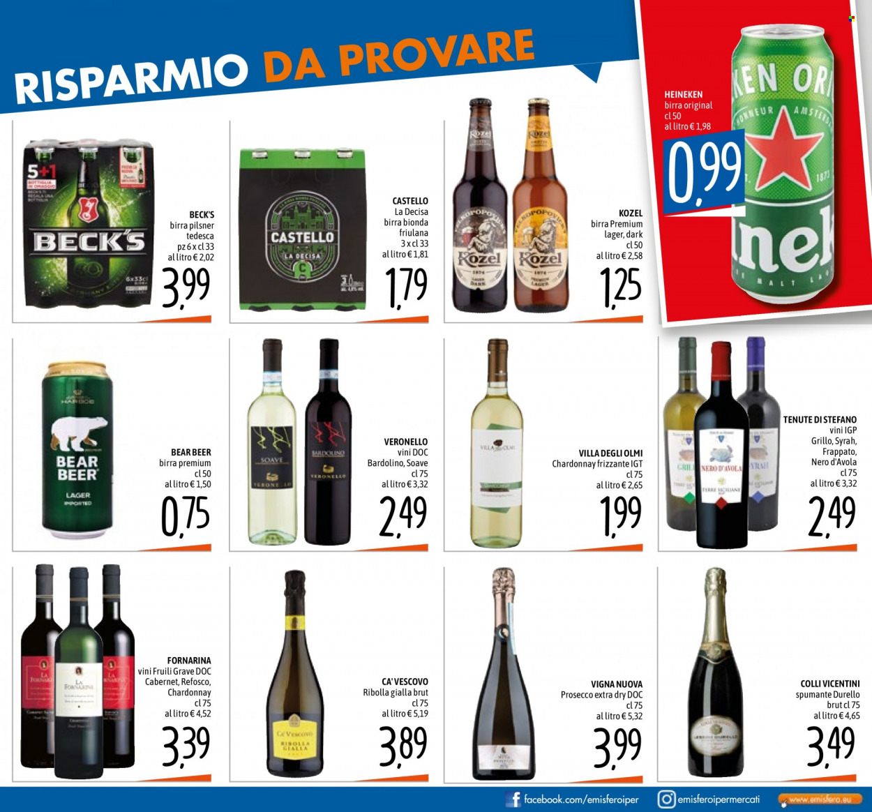thumbnail - Volantino Emisfero - 1/6/2023 - 14/6/2023 - Prodotti in offerta - Beck‘s, Heineken, birra, birra tipo lager, birra tipo pilsner, Kozel, Cabernet, vino bianco, vino rosso, Spumante, Chardonnay, Nero d'Avola, Prosecco, vino, Soave, Bardolino, Ribolla Gialla. Pagina 7.