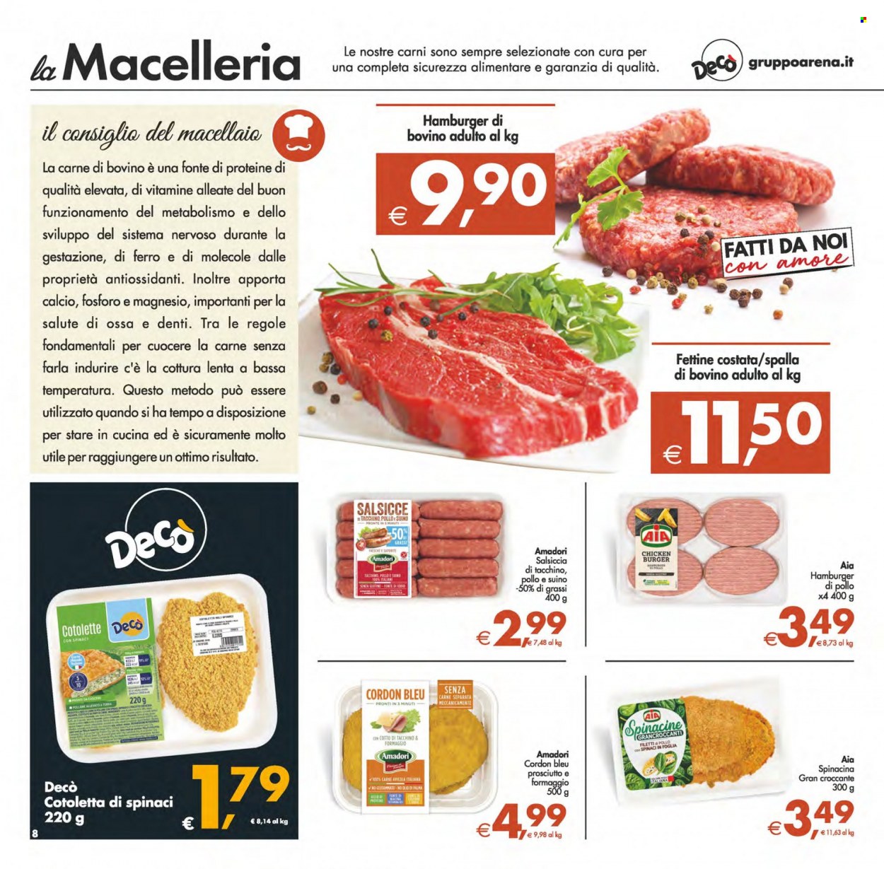 thumbnail - Volantino Deco - 1/6/2023 - 12/6/2023 - Prodotti in offerta - cotolette, AIA, Amadori, salsiccia, hamburger, hamburger di pollo, Cordon Bleu, Spinacine, olio, Magnesio. Pagina 8.