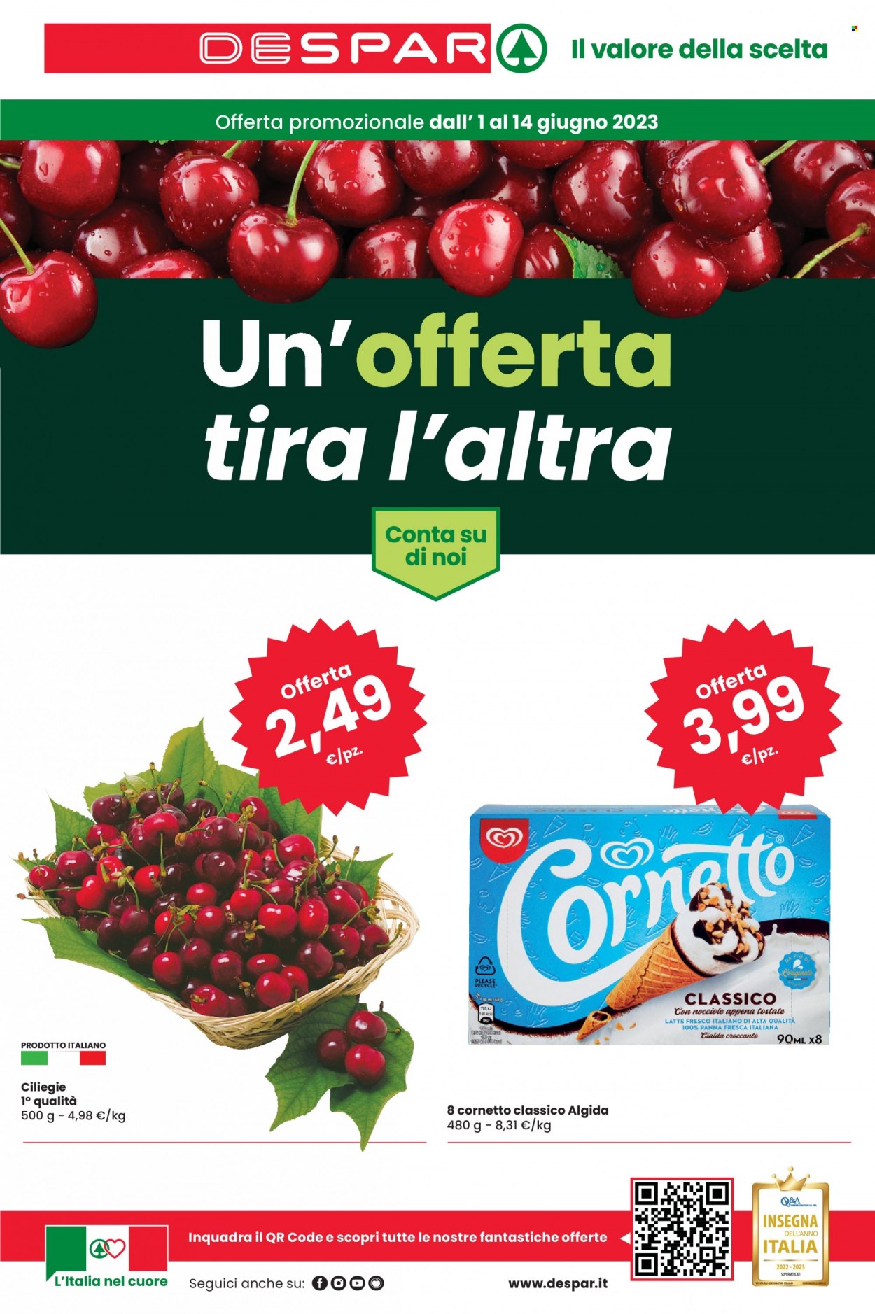thumbnail - Volantino Despar - 1/6/2023 - 14/6/2023 - Prodotti in offerta - Cornetto, ciliegie, latte, gelato, Algida. Pagina 1.